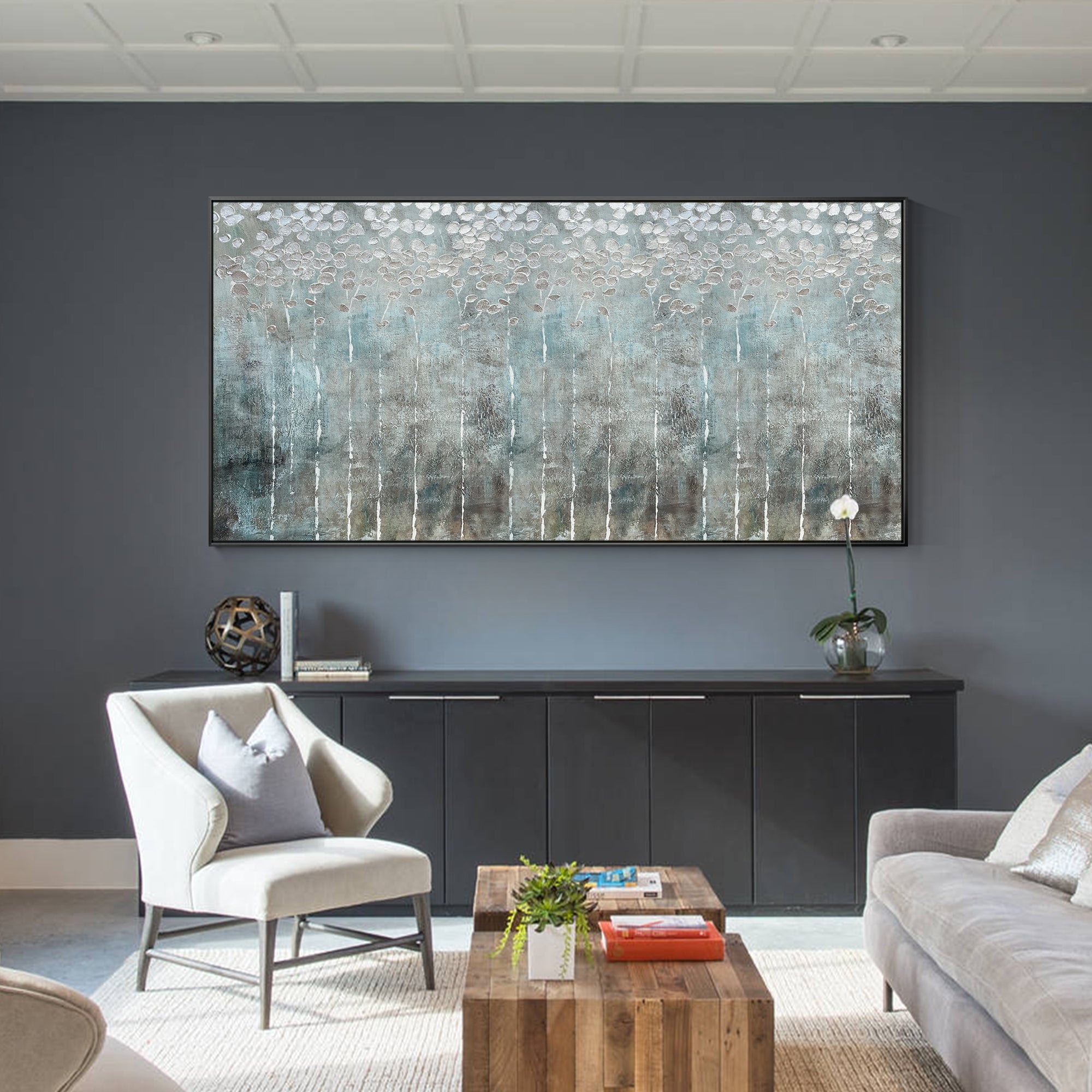 Abstract wall art painting featuring layered gray and silver tones with visible textured surface