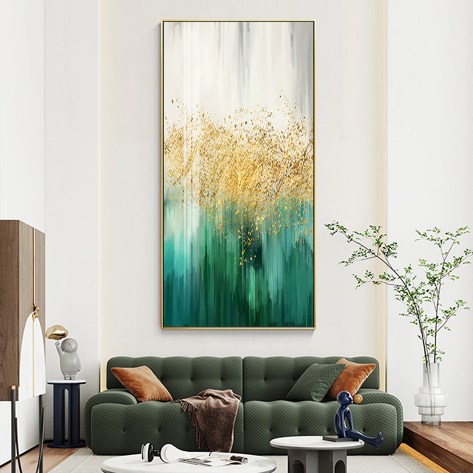 Abstract green gold white canvas wall art above a sofa in the living room