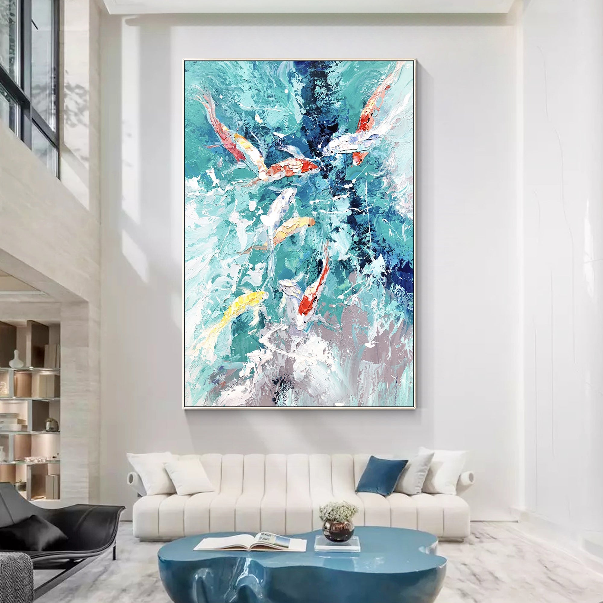 Abstract koi fish oil painting with nine koi and blue water texture