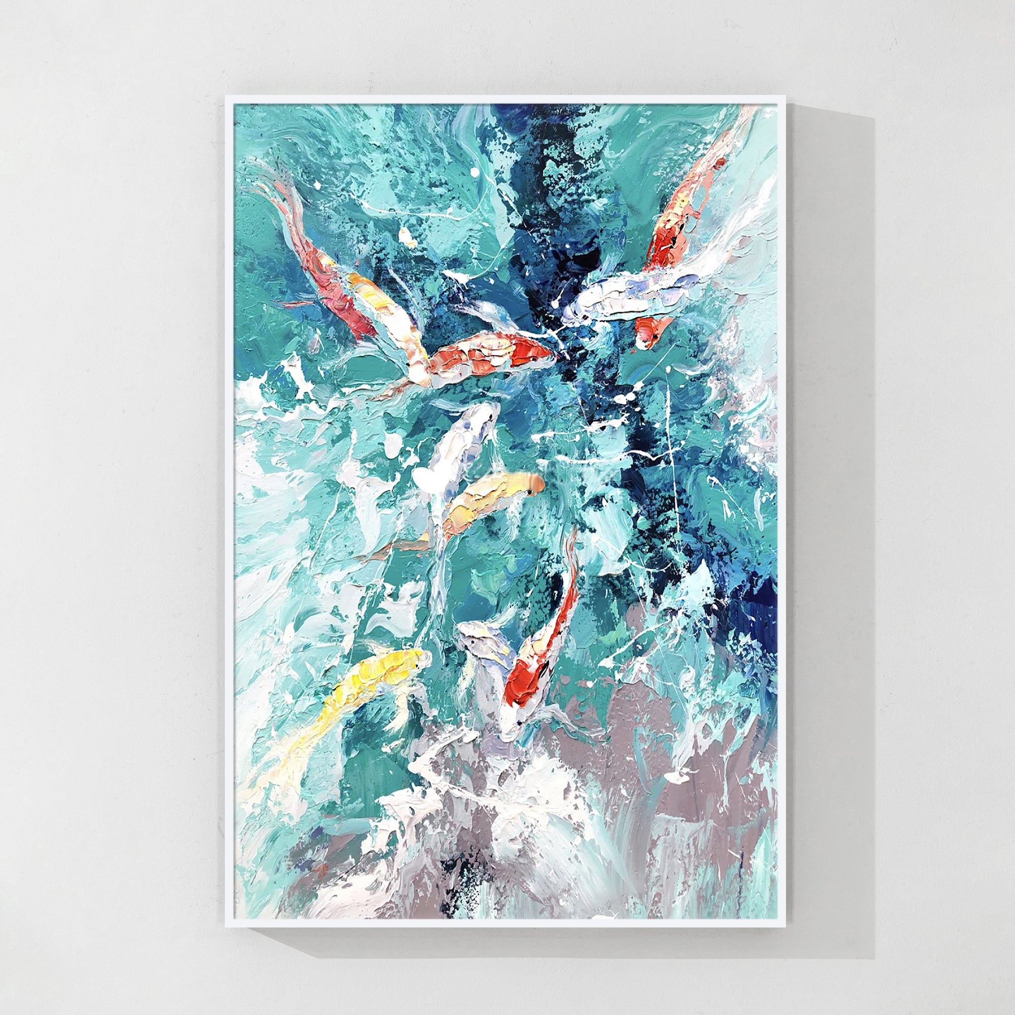 Abstract Koi Fish Oil Painting with Blue Water Texture