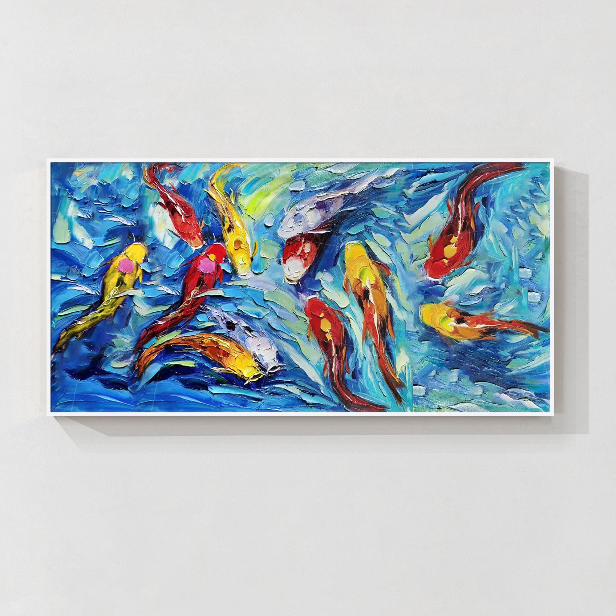 Abstract Koi Fish Oil Painting with Flowing Blue Water