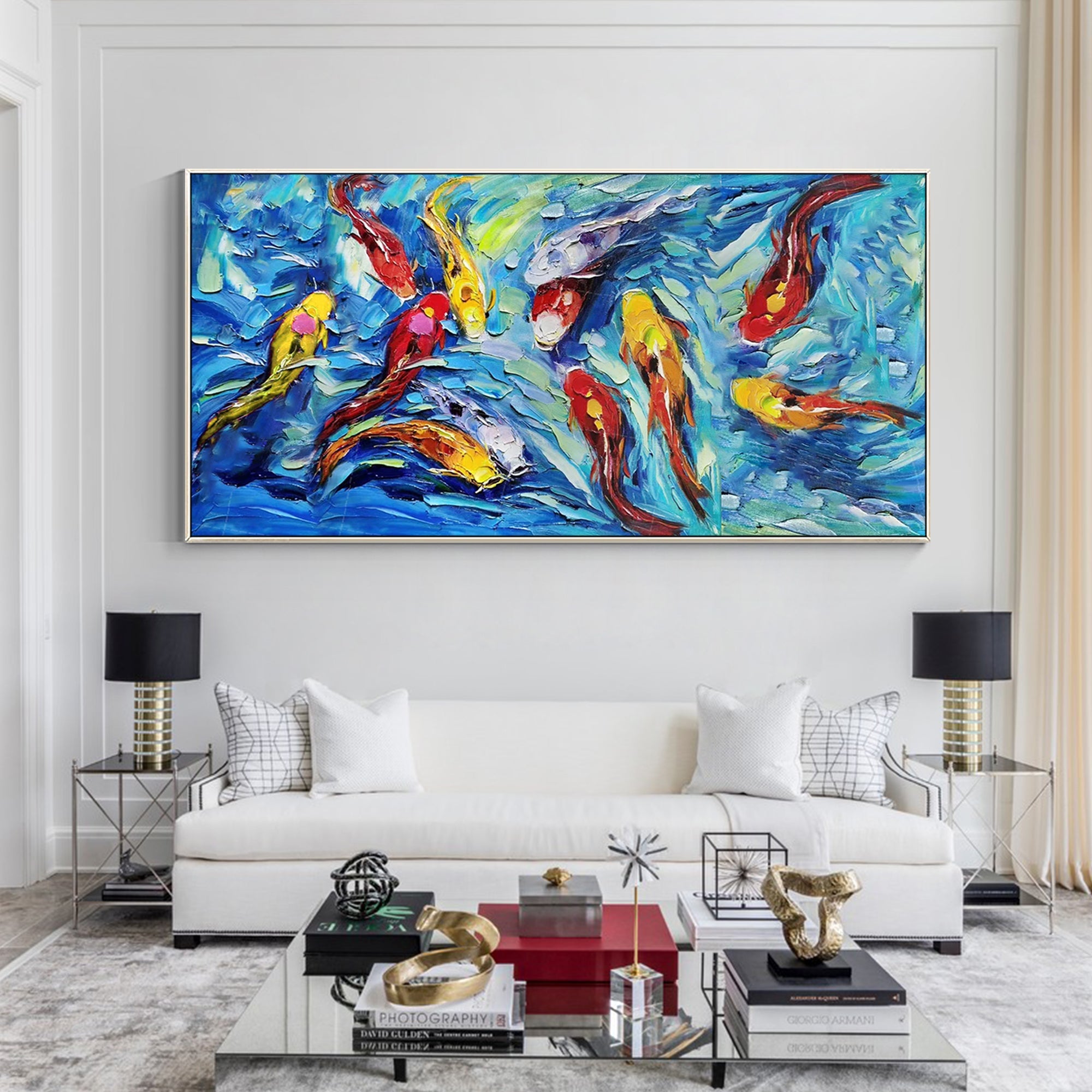 Abstract koi fish painting with visible oil texture and water movement