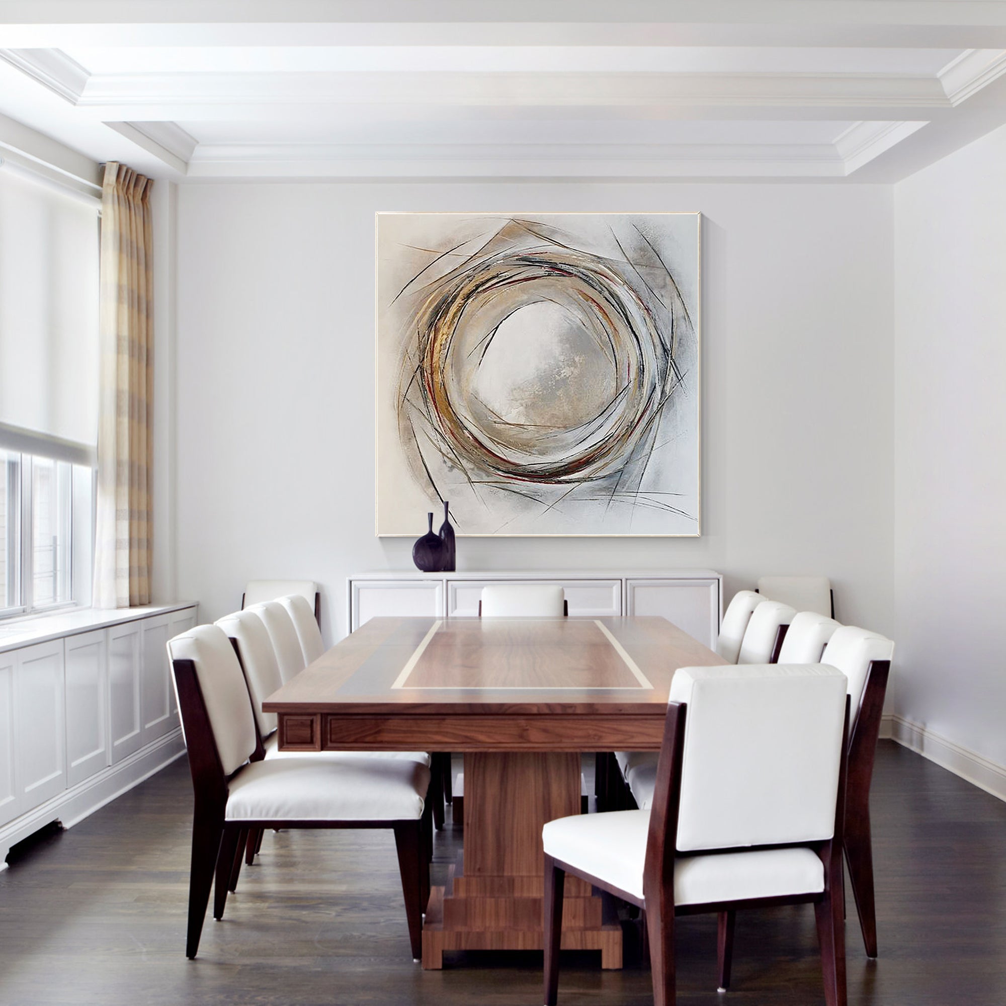 Close view of abstract circular lines creating depth in gray and beige colors