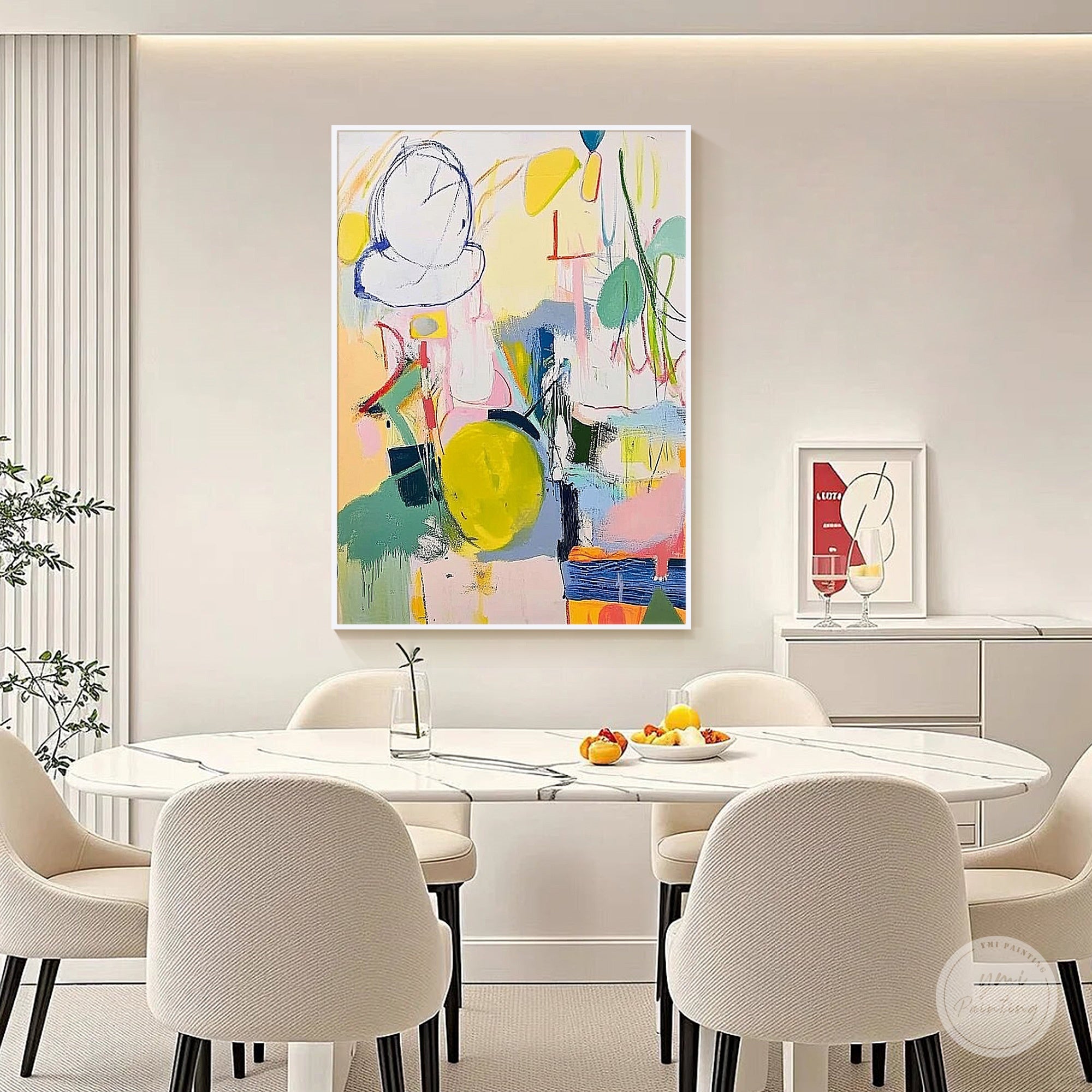 Large abstract print used as wall decor in a home dining room