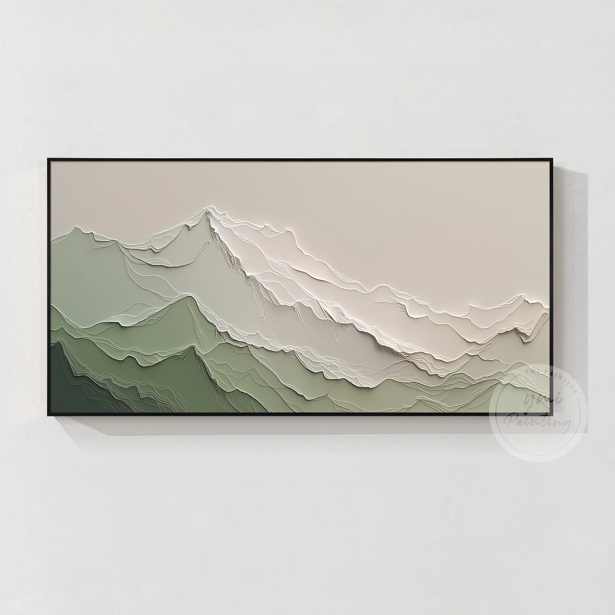 Green beige mountain abstract painting gift for wife calming bedroom decor