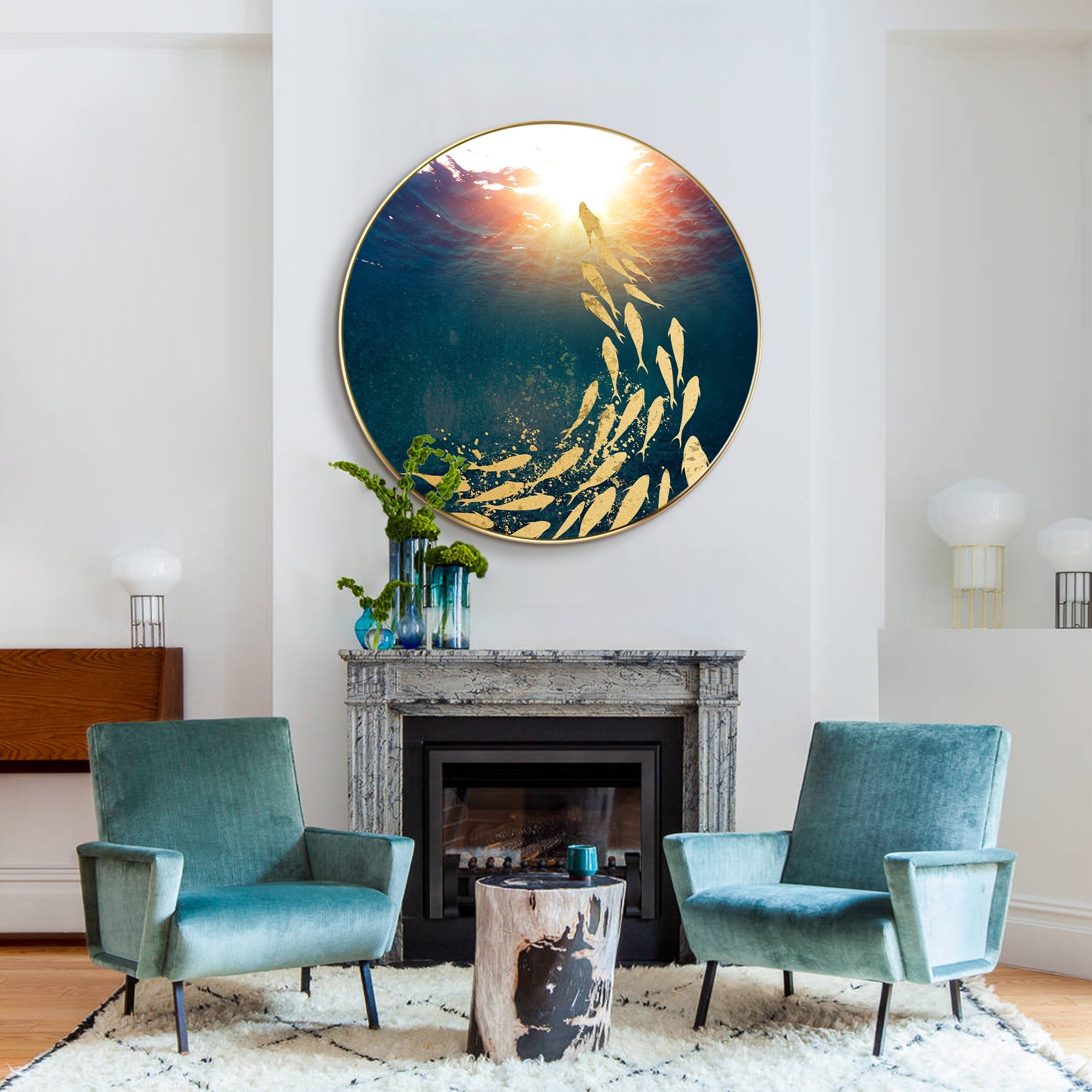 Abstract ocean fish painting with bright sunlight in a contemporary living room