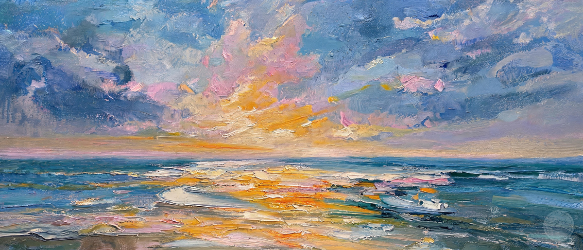 Contemporary abstract ocean artwork with layered blue waves and warm coastal colors
