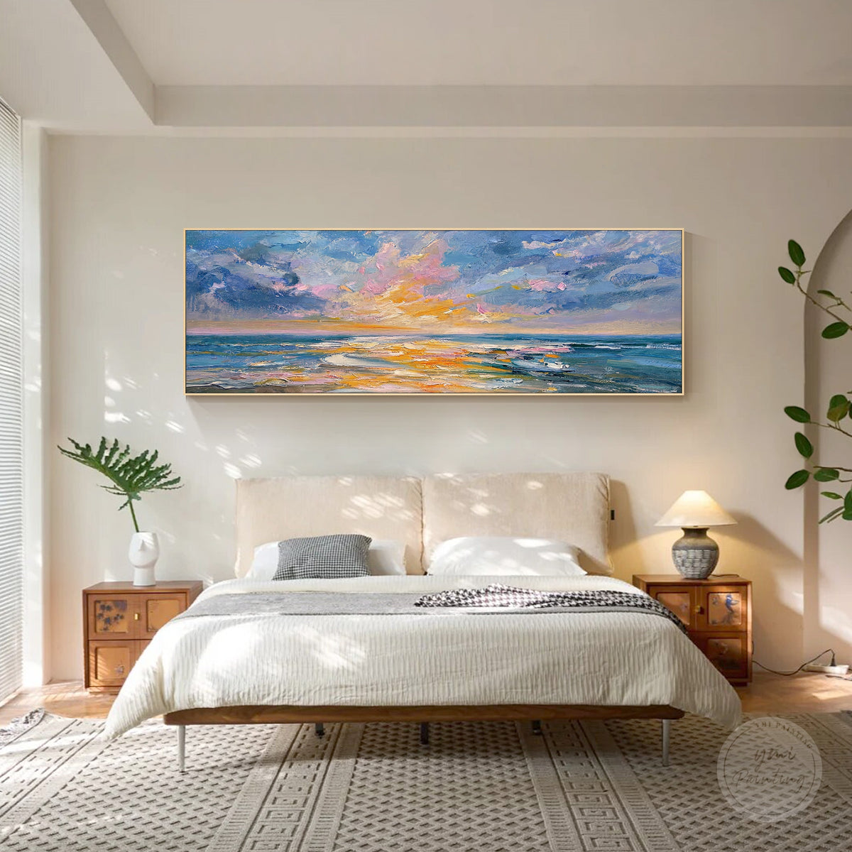 Abstract ocean sunset painting with textured blue waves and golden reflections