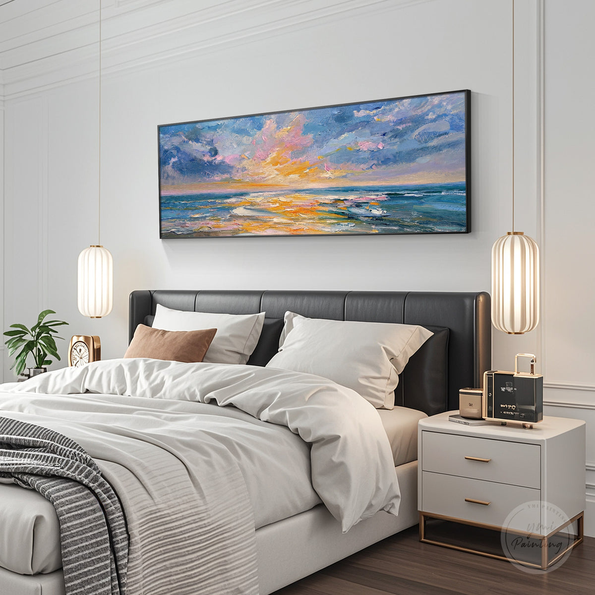 Hand-painted abstract seascape canvas with blue ocean and lavender sunset sky