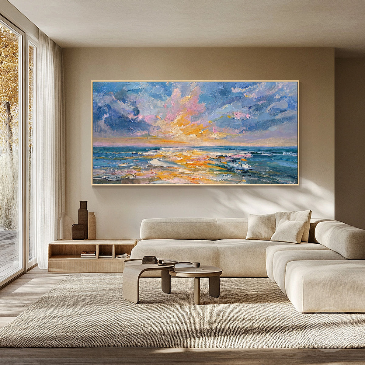 Textured beach landscape painting with teal ocean lavender clouds and golden shoreline