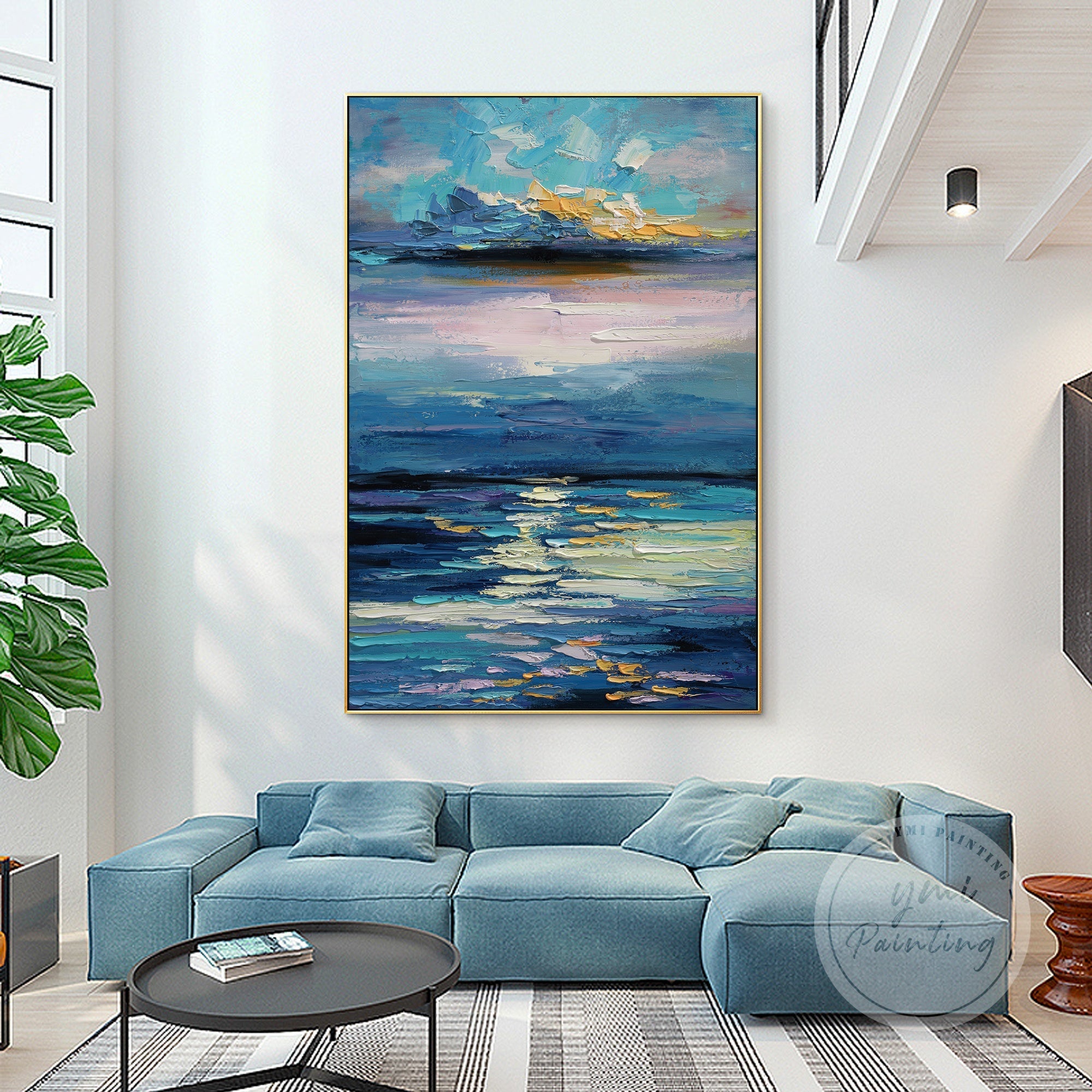 Abstract sunset seascape in blue, purple, and pink
