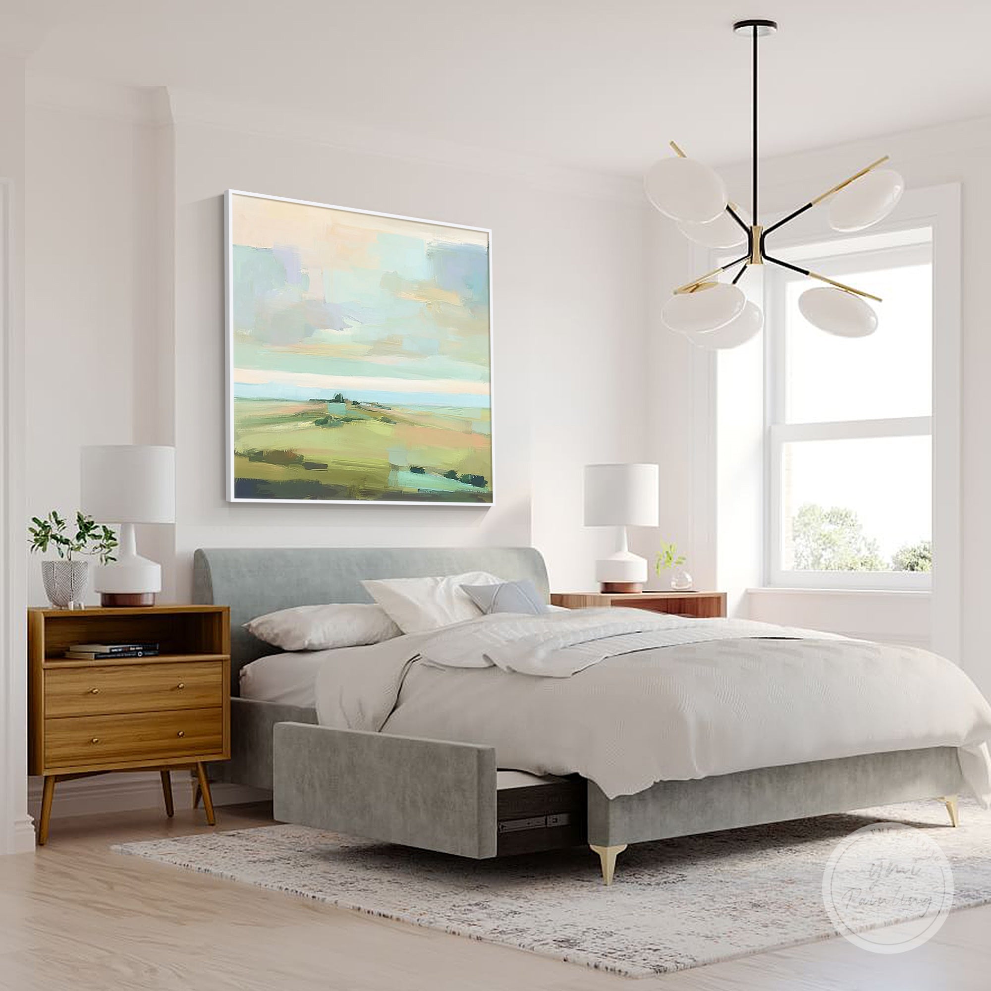 Hand painted pastel abstract landscape square wall art displayed in a modern bedroom
