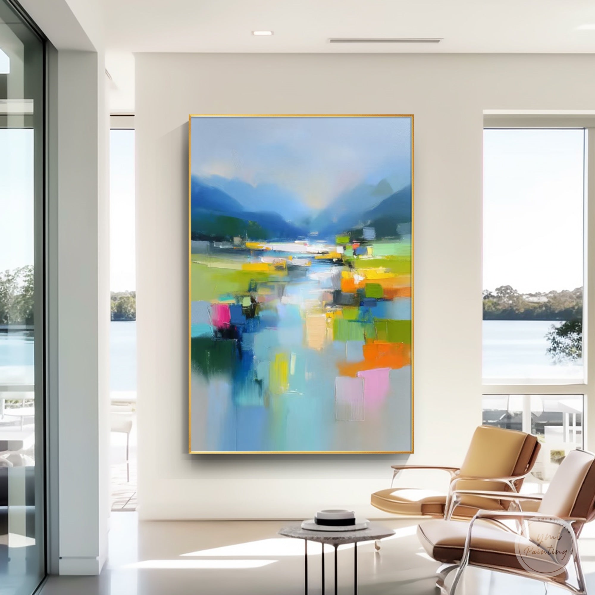 Abstract river and mountain painting displayed on a home balcony wall