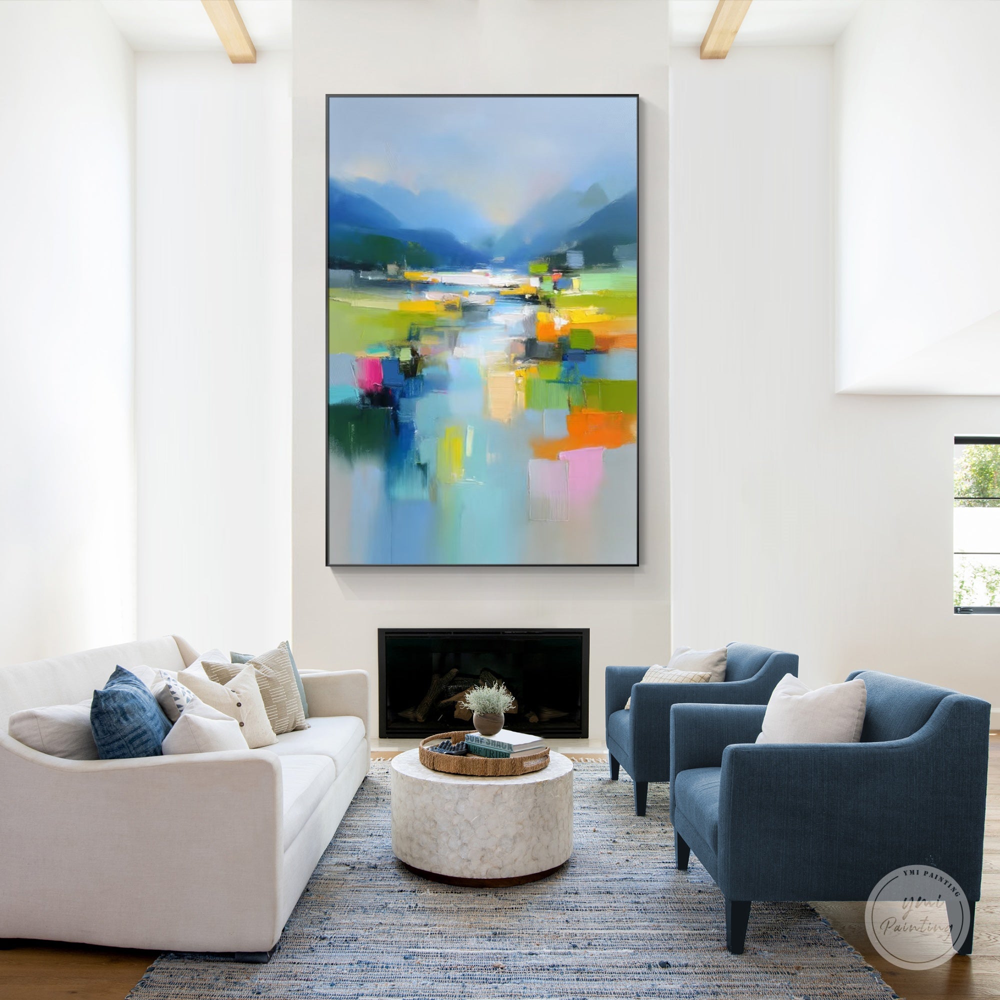 Abstract river landscape canvas artwork in a living room