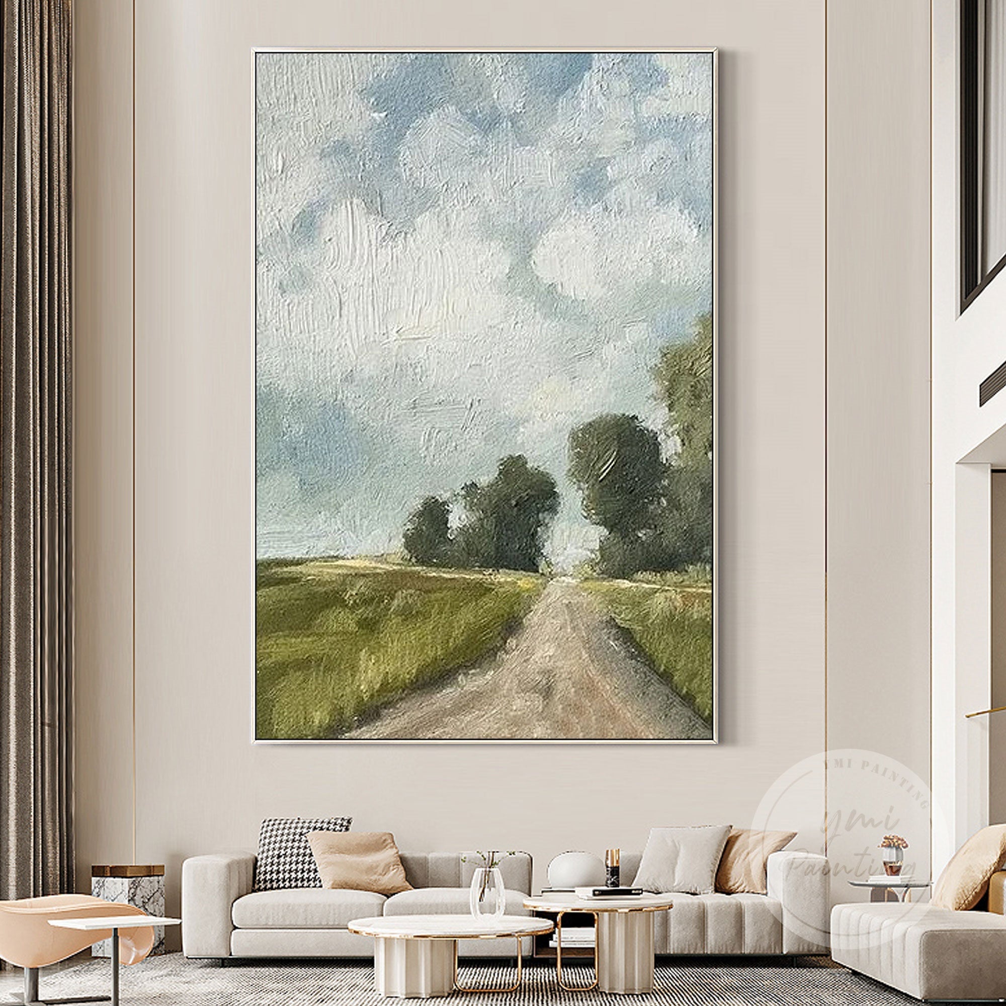 Minimalist oil painting of a country road with textured brushstrokes