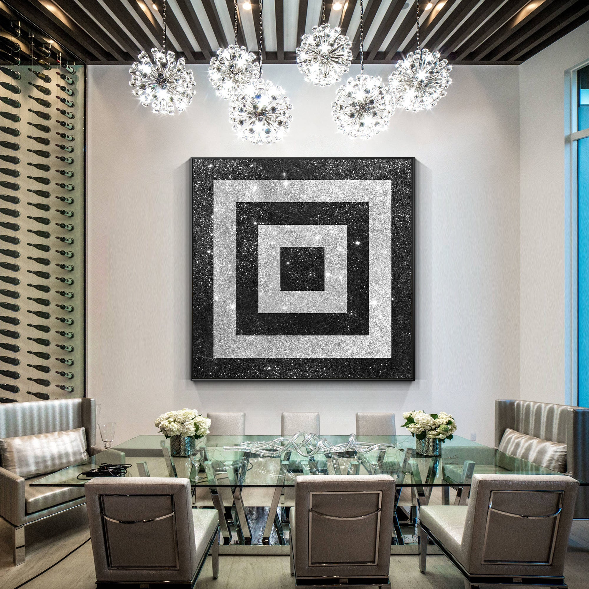 Large wall art with structured black and gray geometric pattern