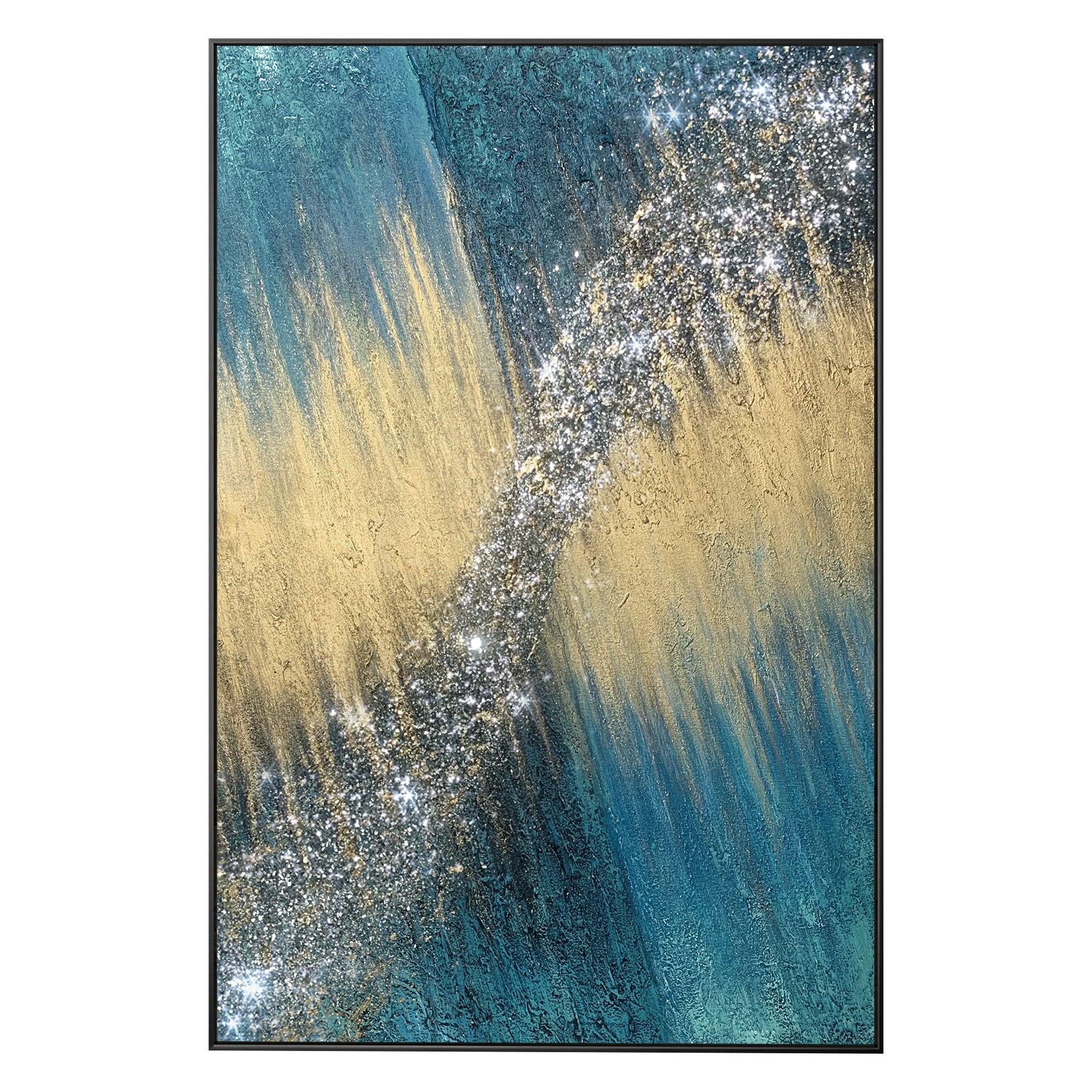 Teal abstract wall art with layered texture and gold accent