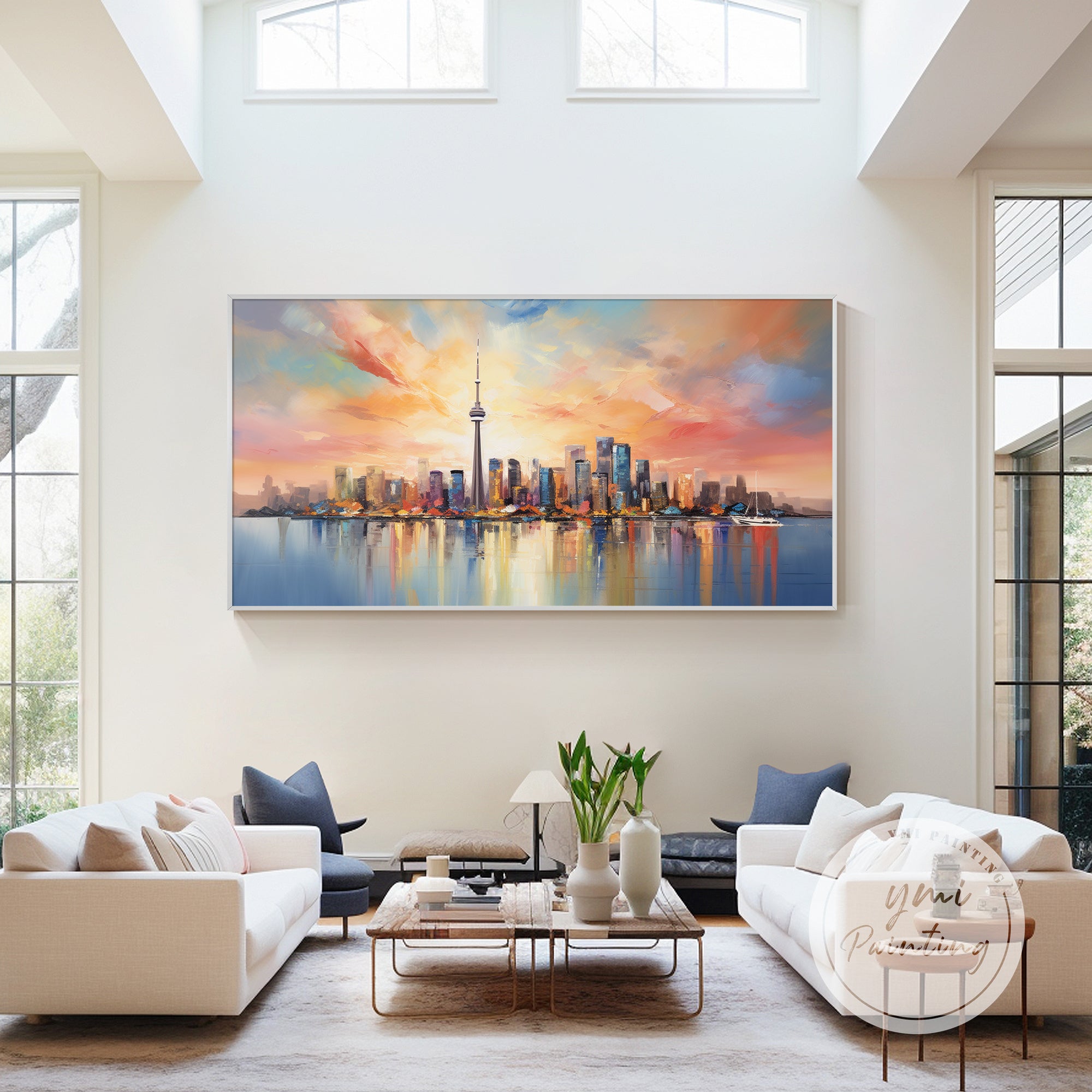 Toronto skyline sunset painting modern wall decor in dining room
