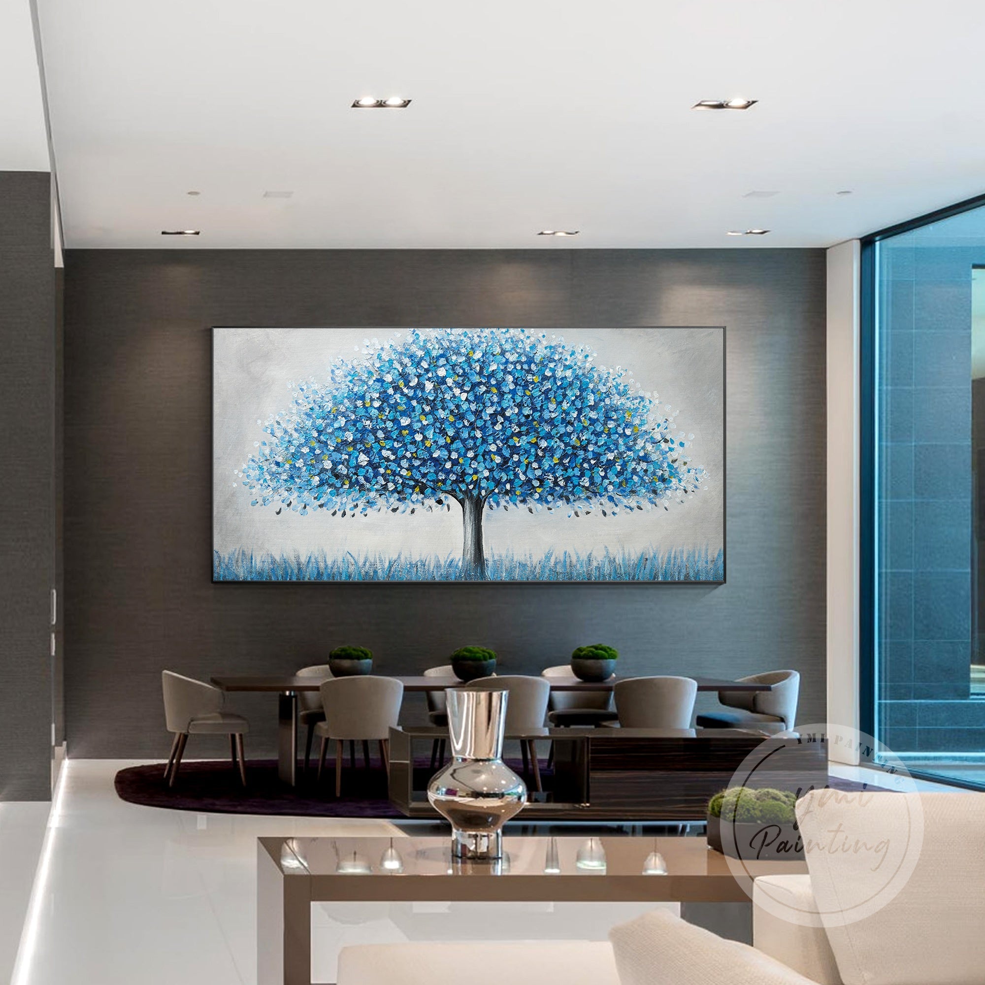 "Oil painting of a detailed blue tree with grey grass and bold colors"
