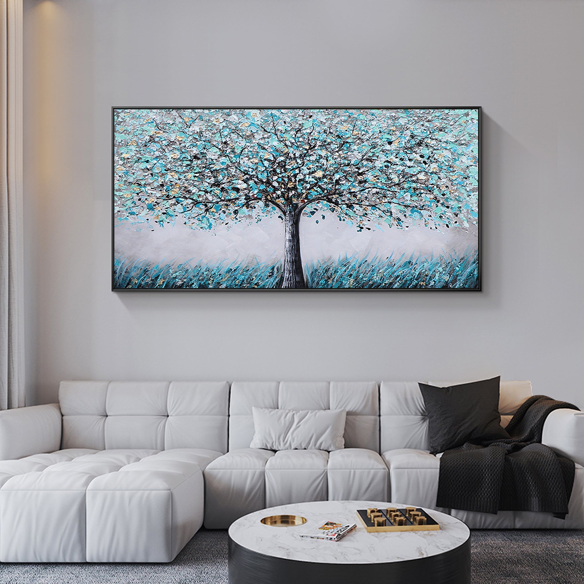 Abstract blue and gold blooming tree canvas wall art for home dining room decor