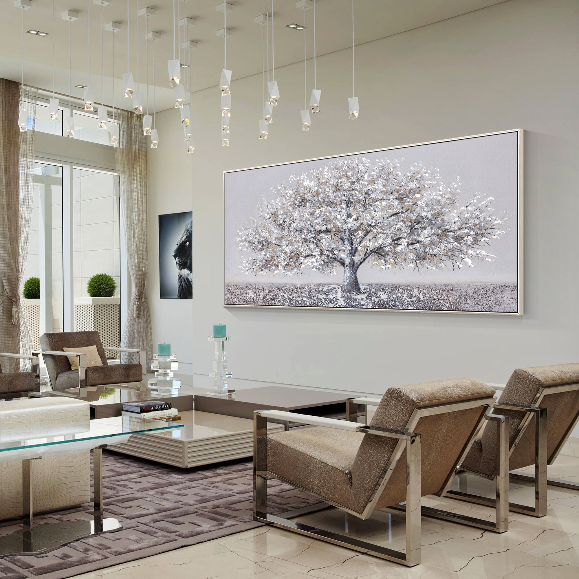 Abstract tree painting featuring dense silver white foliage