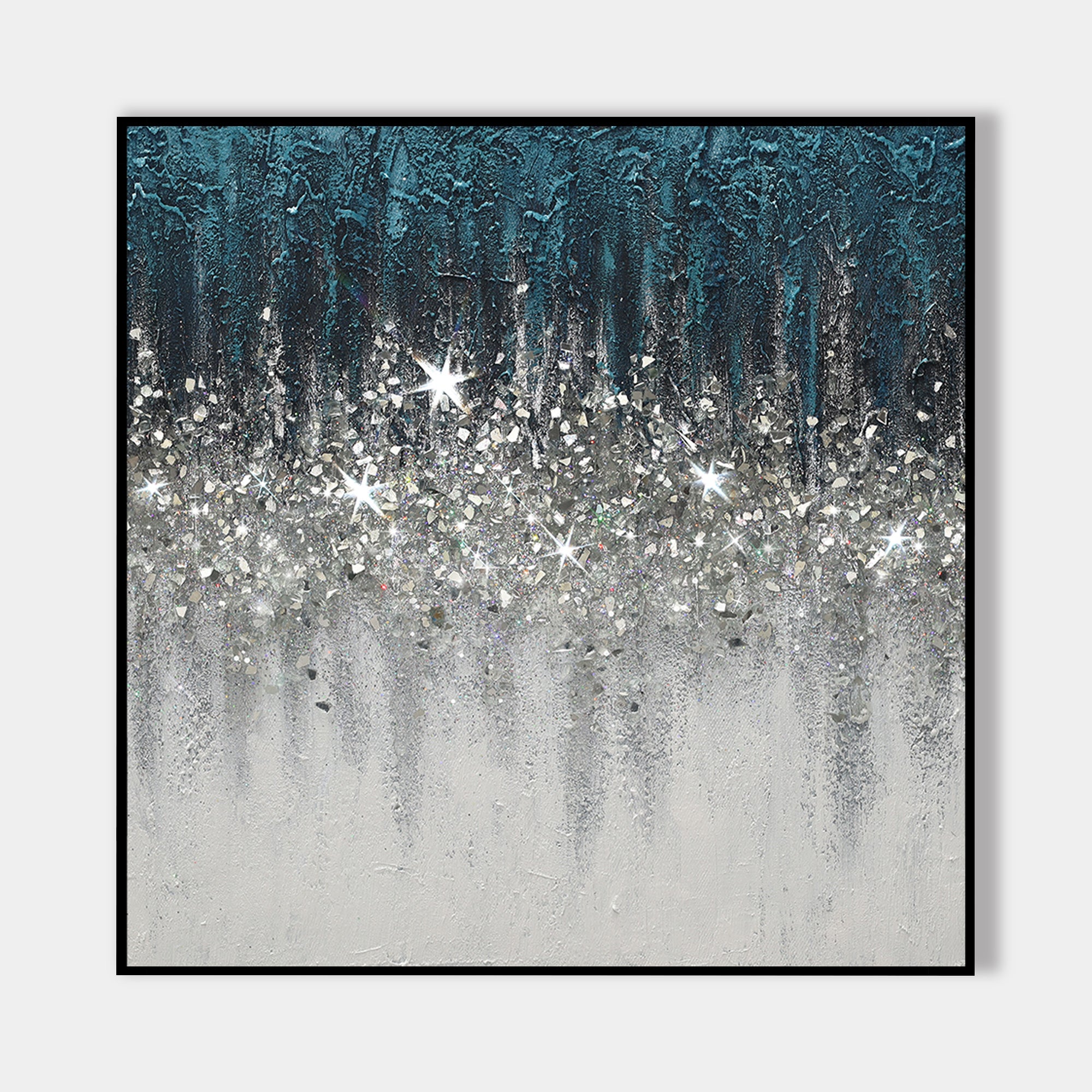 Abstract Turquoise Crushed Glass Wall Art with Silver Glitter Gradient