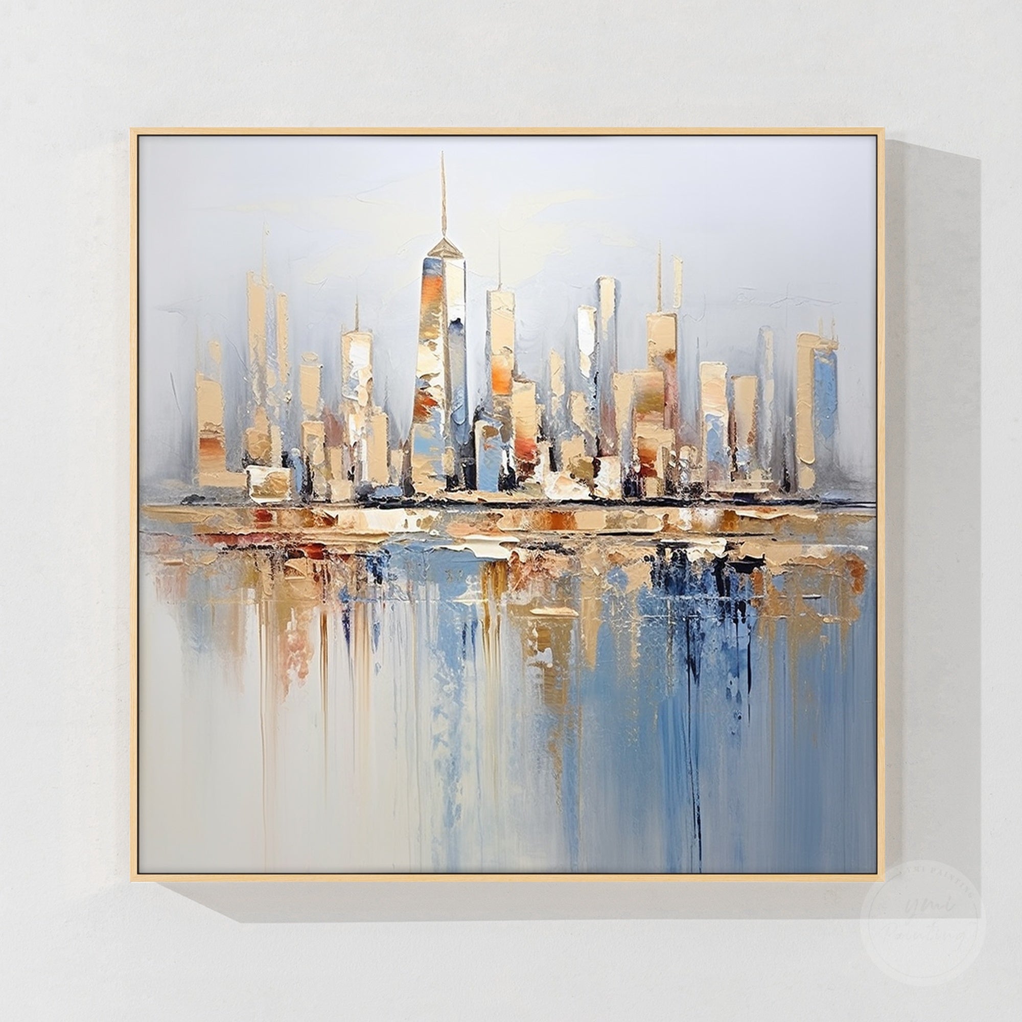 Modern blue gold city skyline canvas wall art