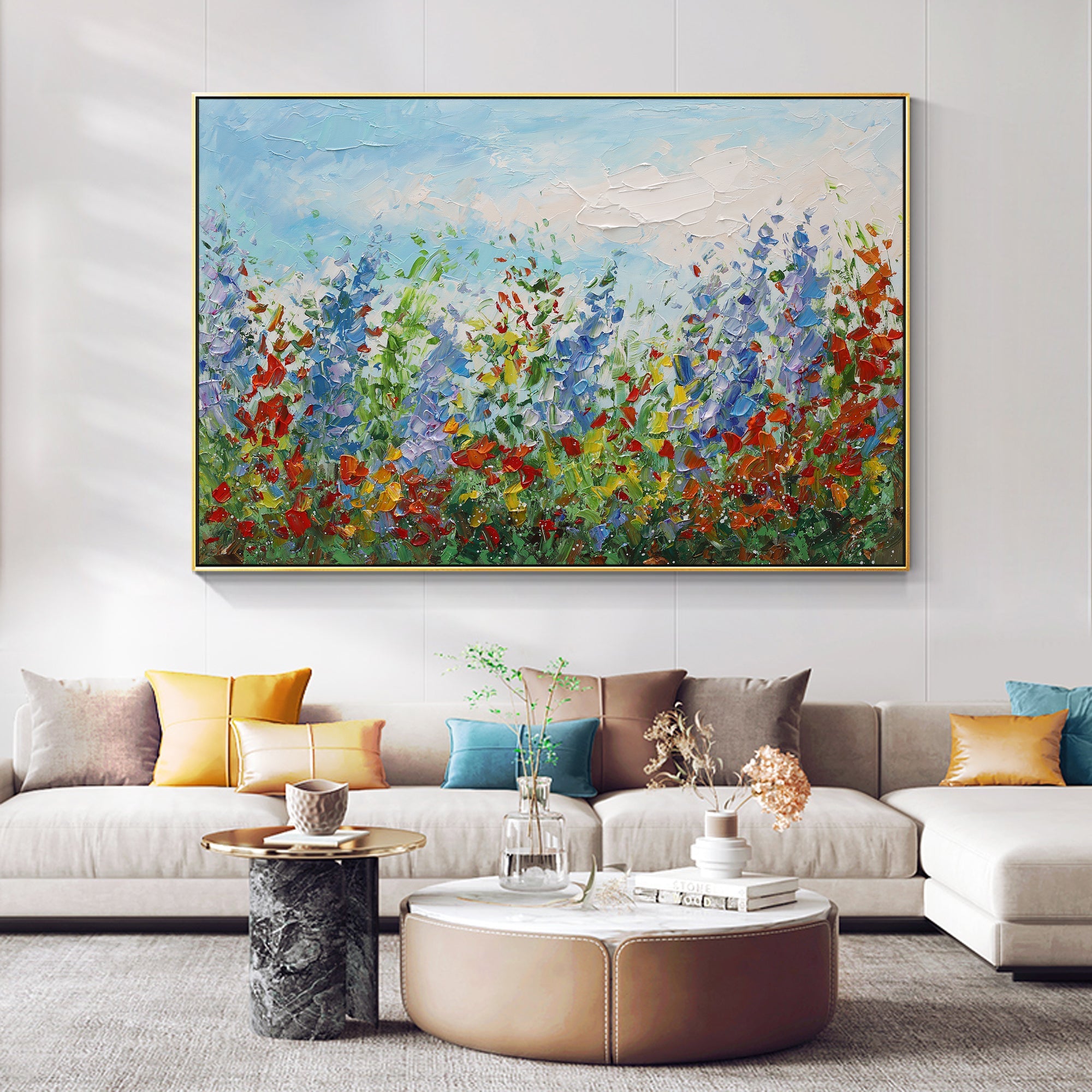 Blue and red abstract floral wall art creating a visual focus in a living room