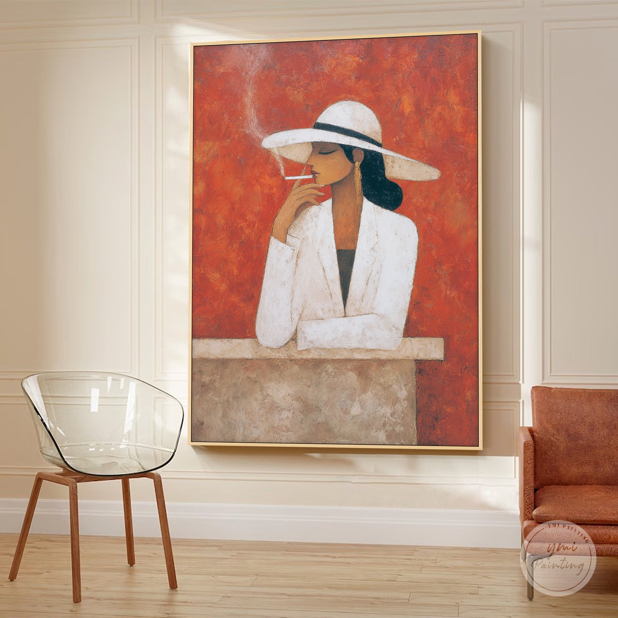 Abstract woman painting above a dining table adding a chic and artistic focal point.