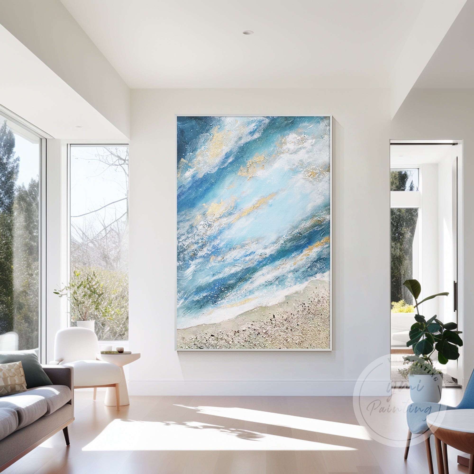 A serene coastal painting featuring soft white sand and tranquil blue waters with gold accents, perfect for modern living room design.