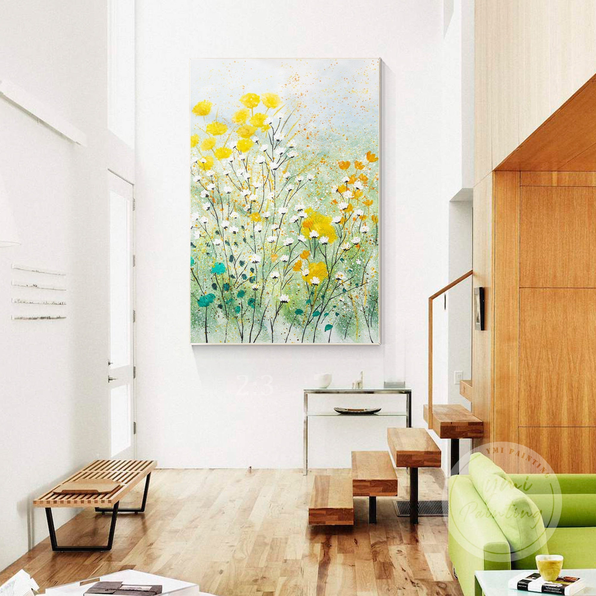 With its delicate yellow and white wildflowers and soft green leaves, this painting brings a tranquil, elegant touch to modern space.