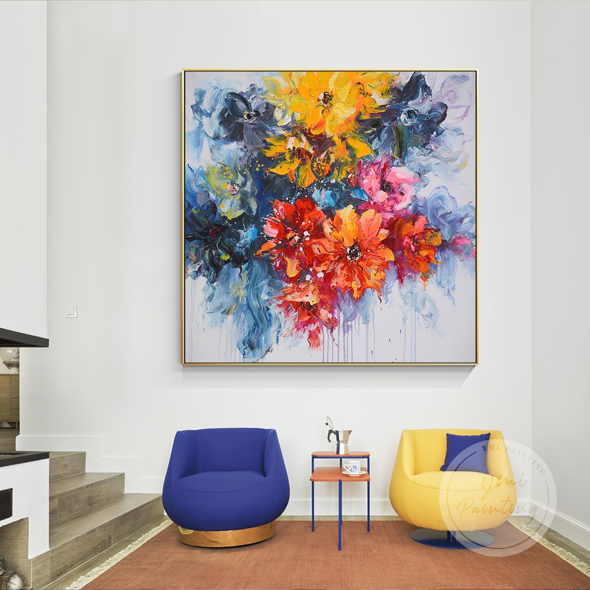 This colorful floral artwork with dynamic brushstrokes and bold hues adds energy and life to a modern living room space.