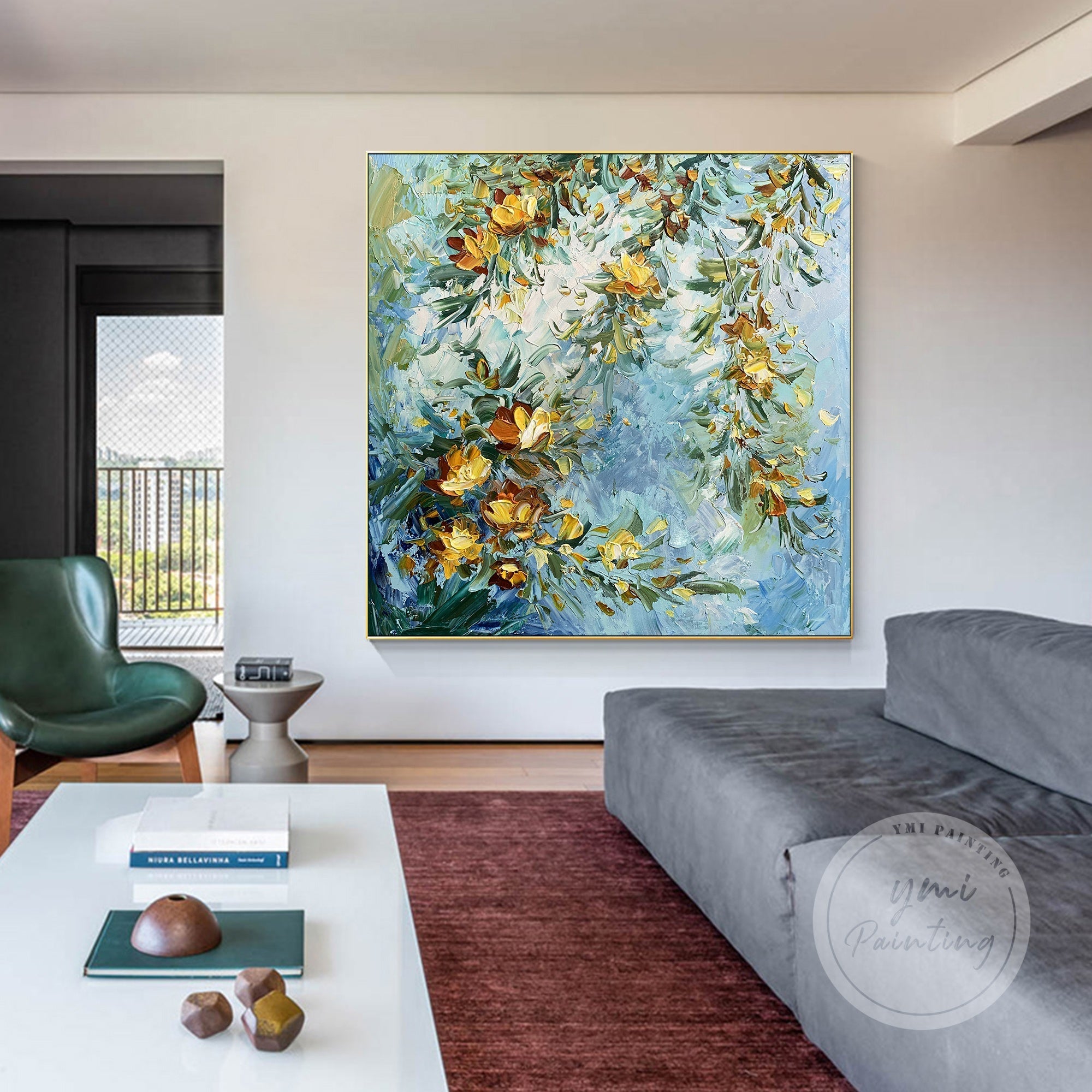 This abstract floral painting features delicate yellow petals and lush green foliage, set against a soft blue background, ideal for contemporary, warm interiors.
