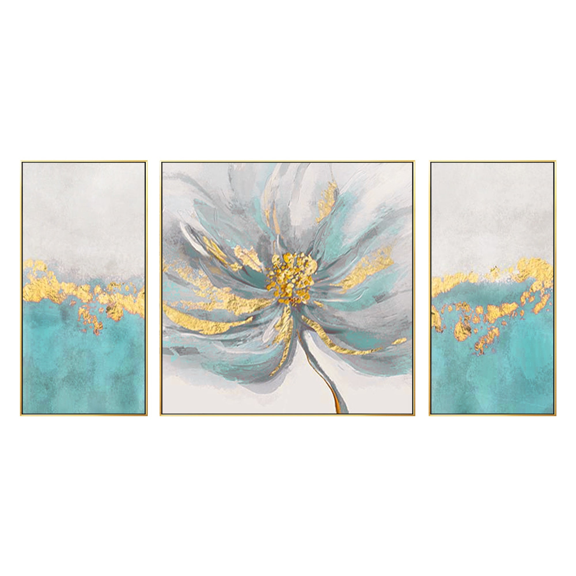 This modern 3-piece wall art set combines teal, gray, and gold highlights to bring a sense of calm and style to interior.