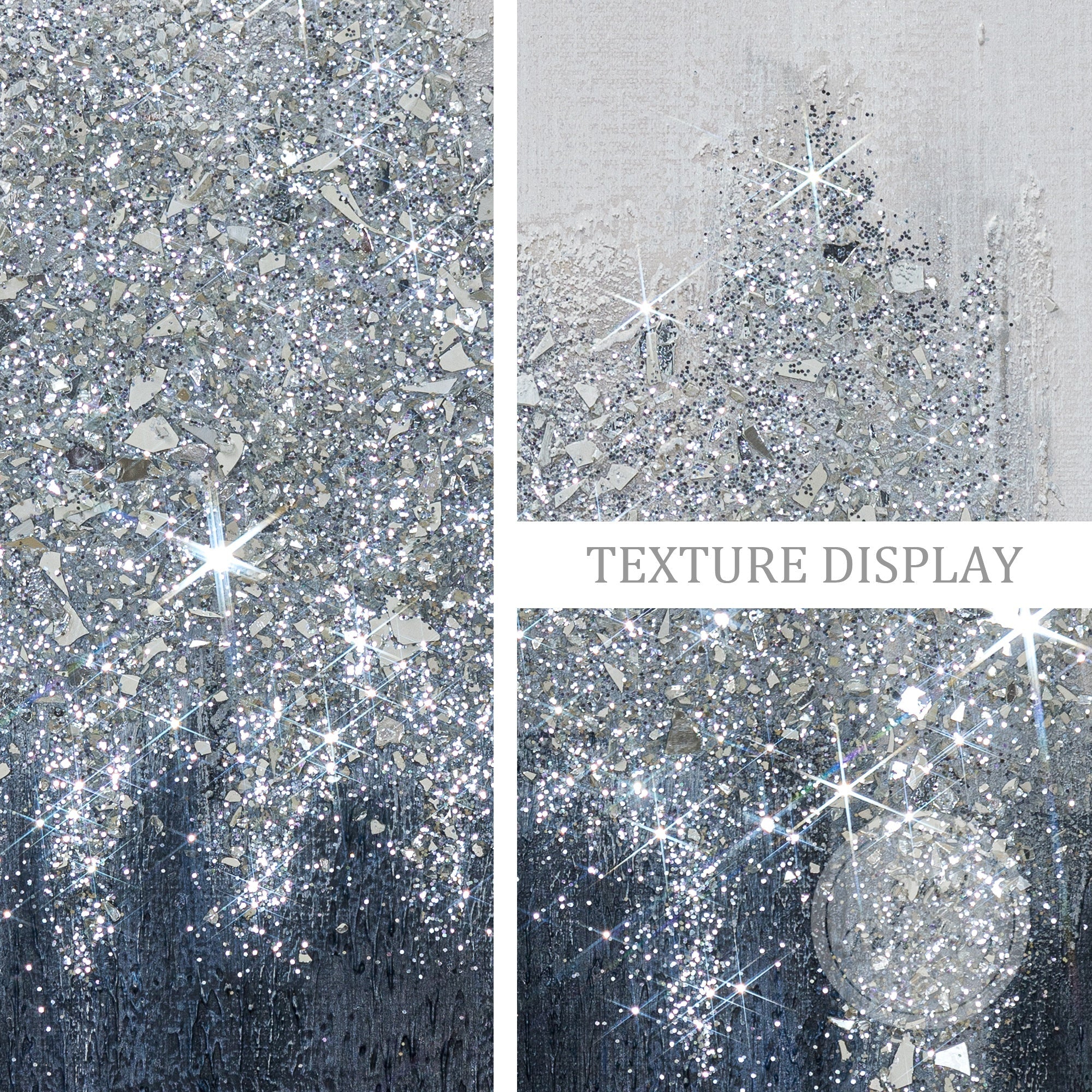 Elevate bedroom with this refined three-panel set blending silver glitter details with navy ombre tones.