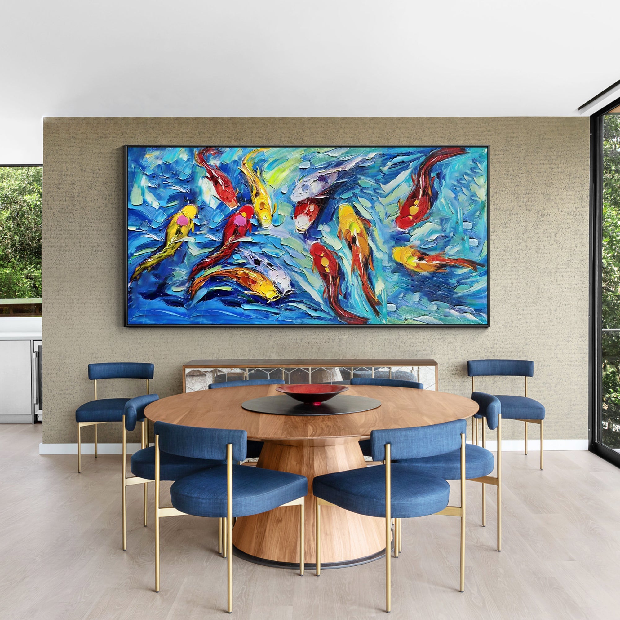 Abstract koi fish oil painting with layered blue water texture
