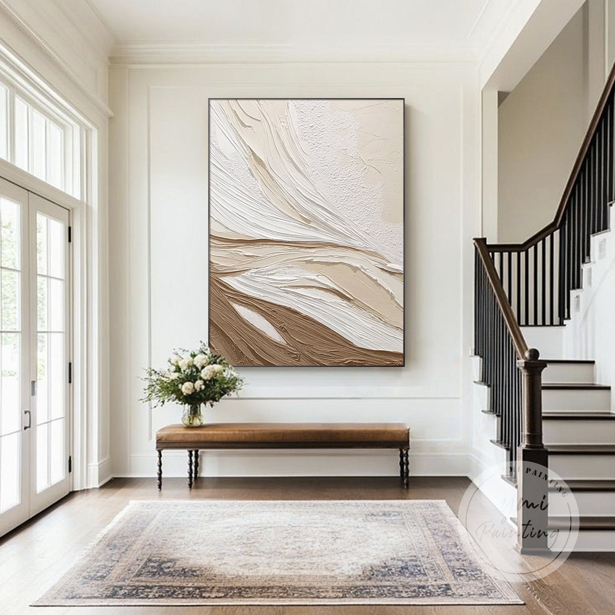 mixed media abstract canvas above sofa in living room