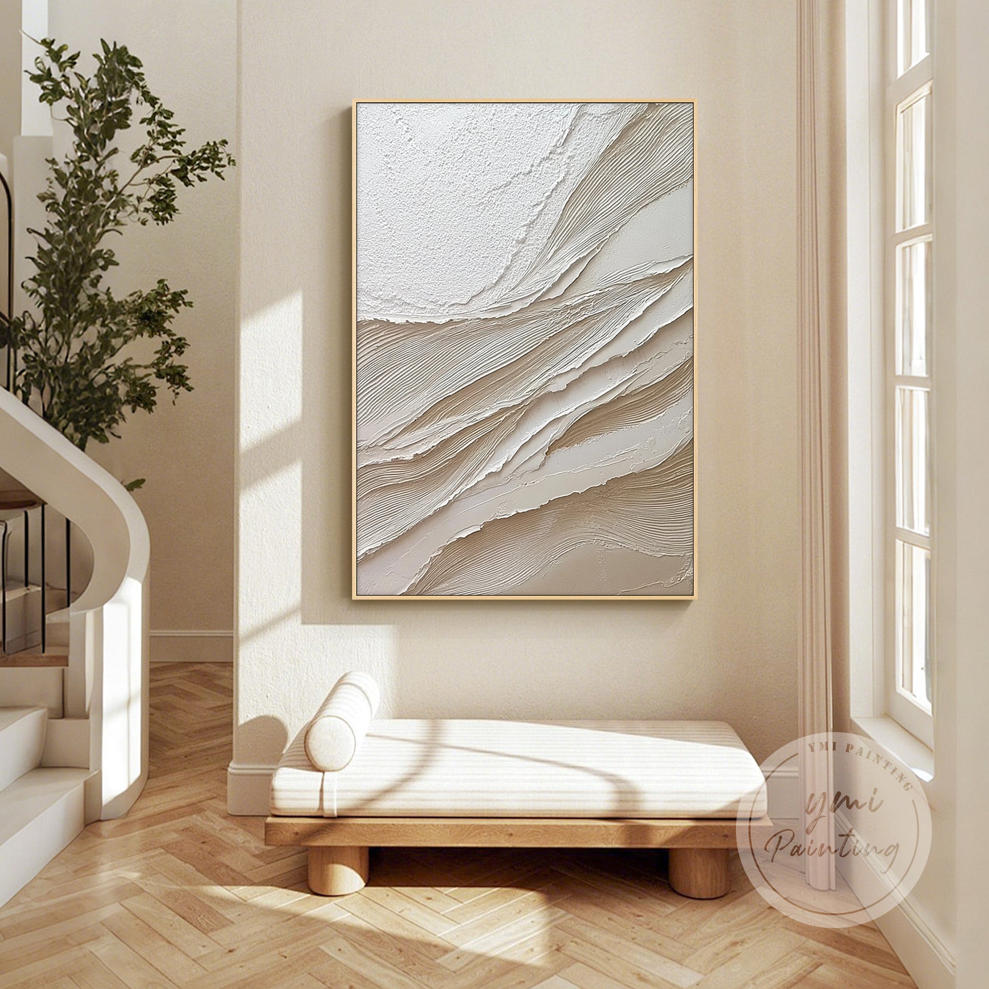 beige abstract wall art in modern dining room