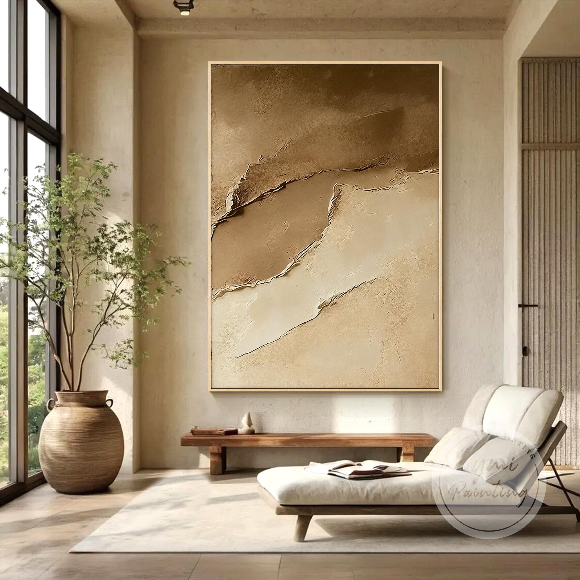 gestructureerde abstracte wanddecoratie warme neutrale tinten hal interieur