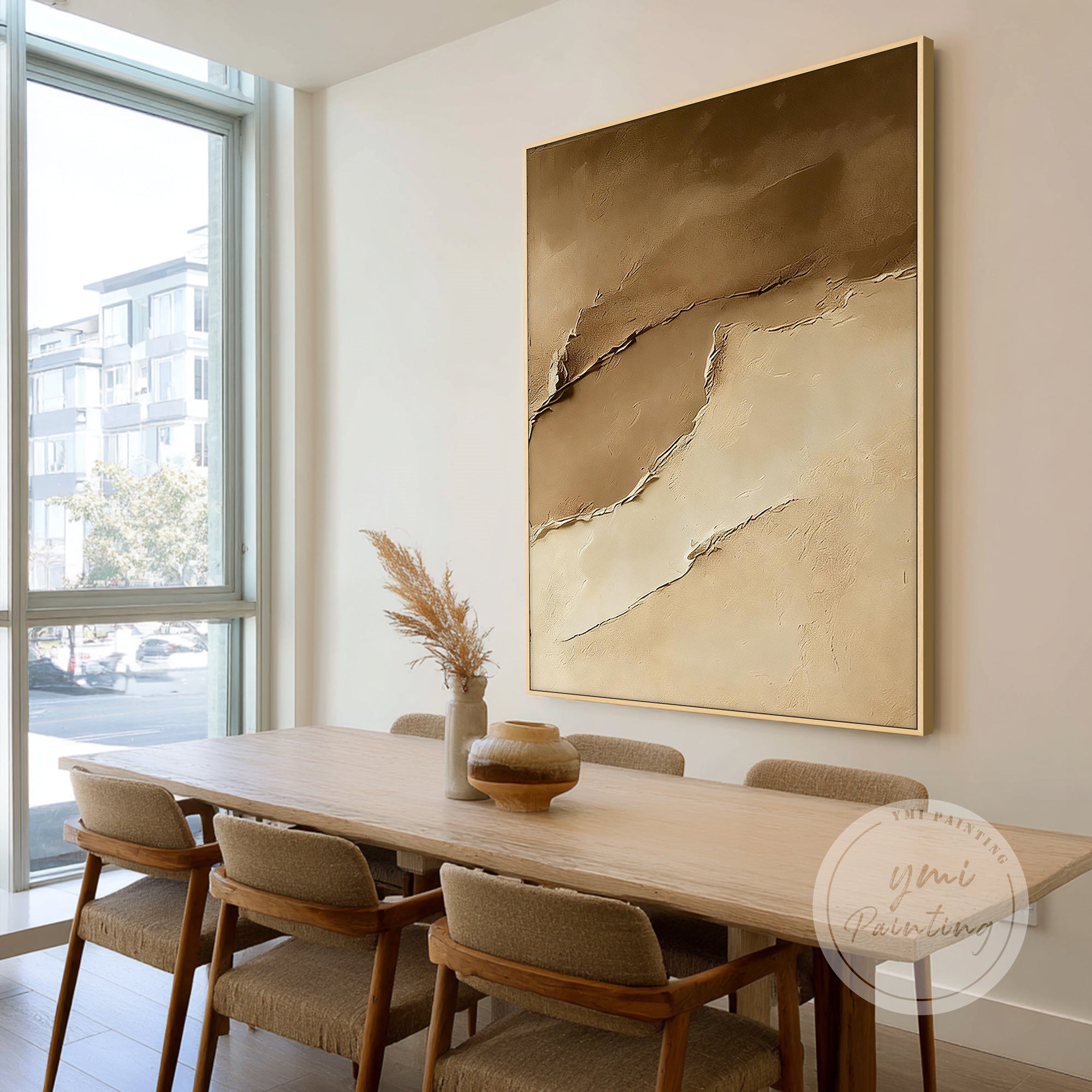 beige gestructureerde wanddecoratie minimalistische eetkamer wandversiering