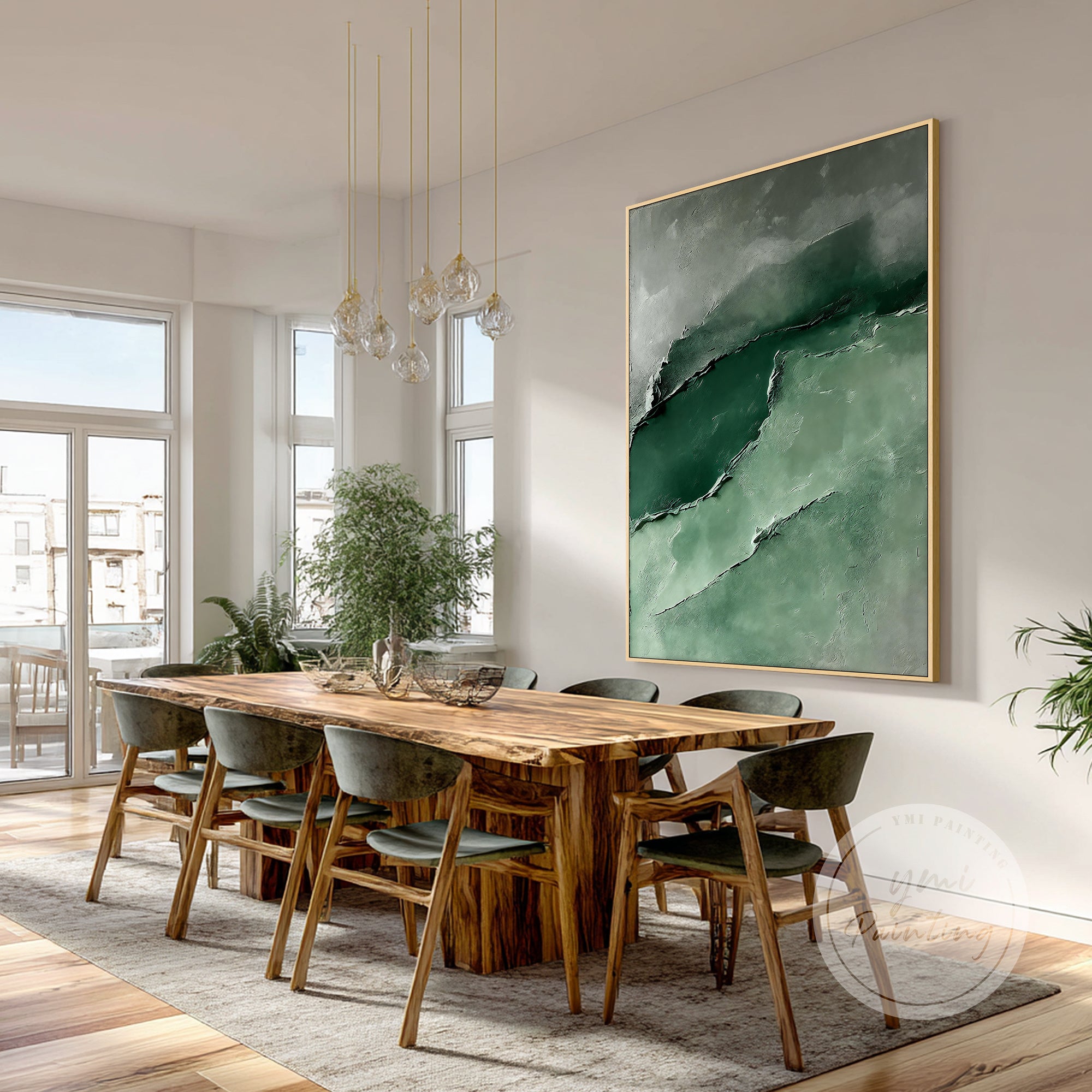 Arte de parede texturizada verde minimalista como ponto focal na sala de estar.