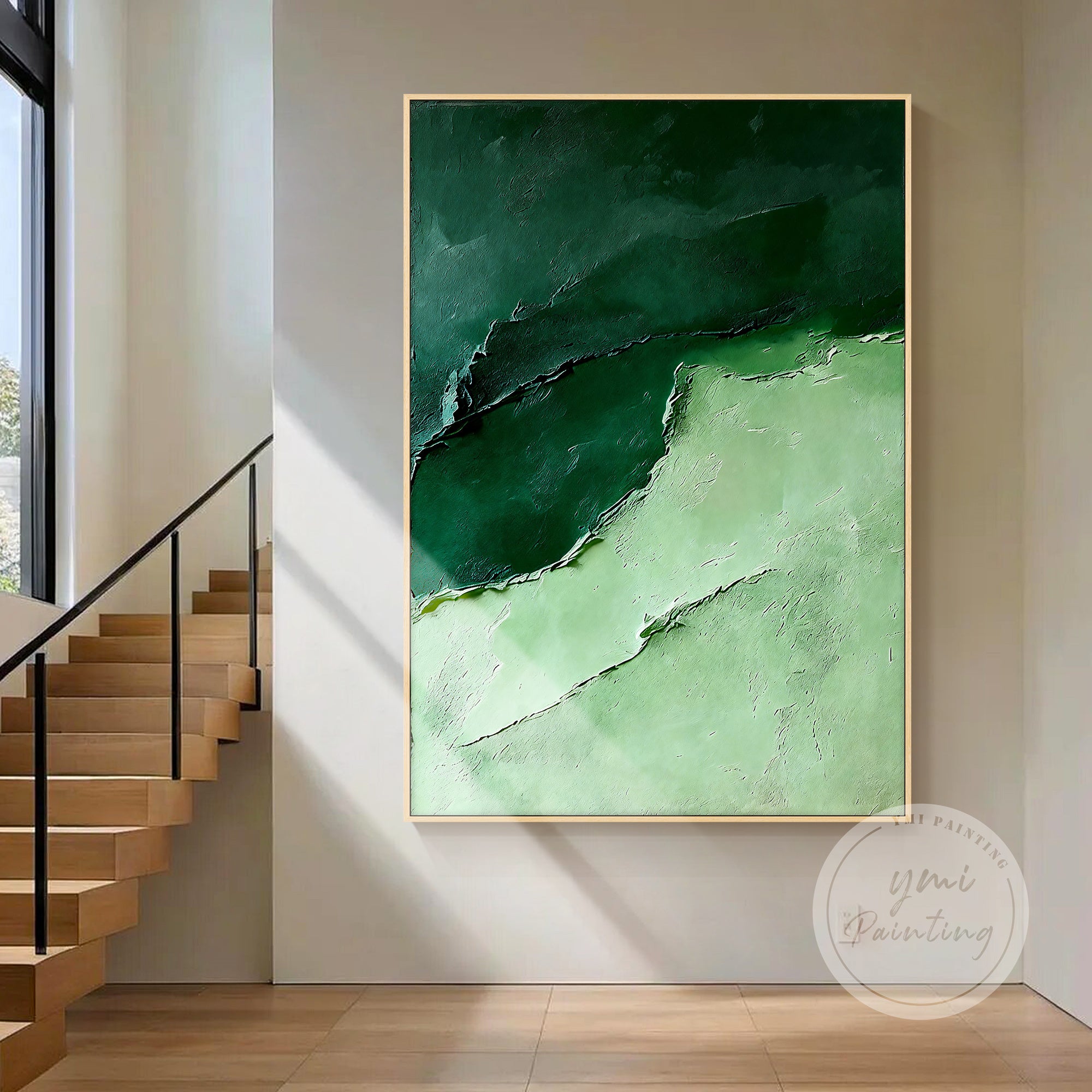 Abstract green wall decor placed in contemporary dining room.