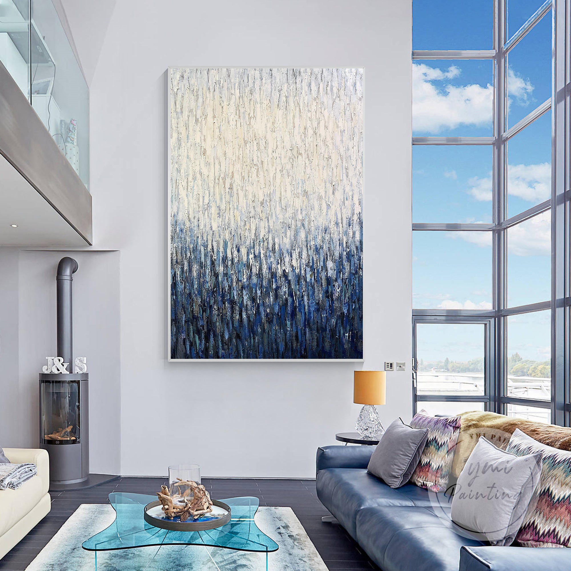 Acrilico dipinto a mano blu e bianco