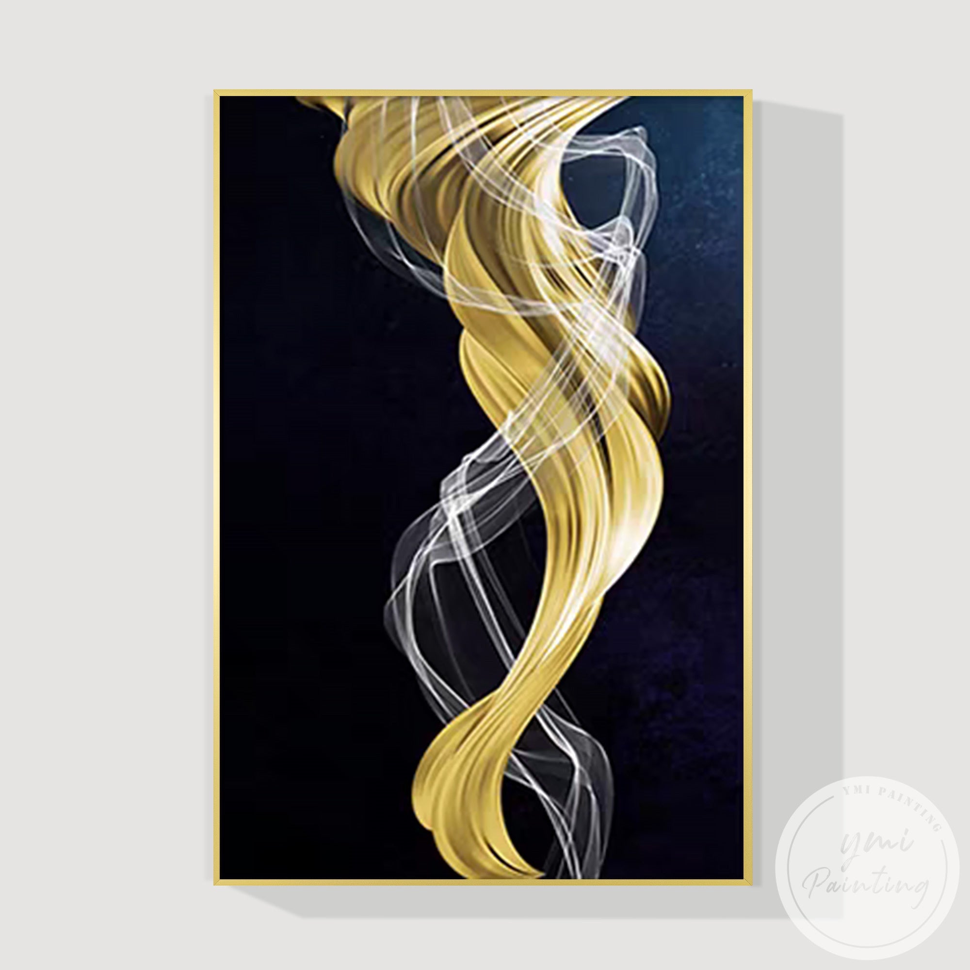 Contemporary original canvas wall art in gold and navy color palette