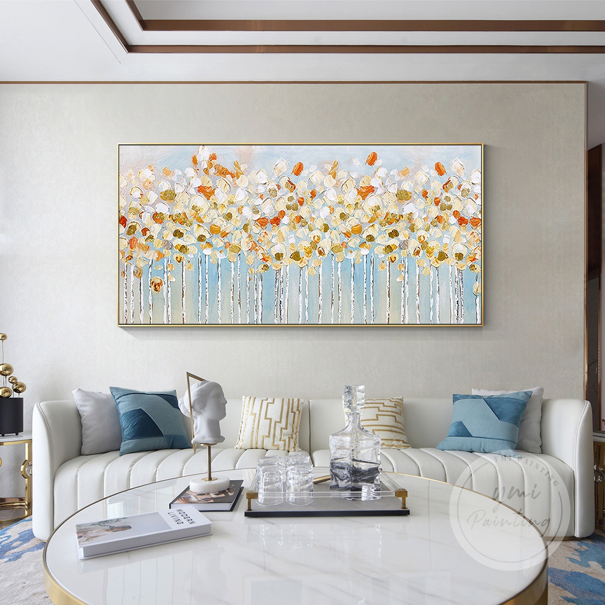 This abstract oil painting of white birch trees with vibrant leaves brings a peaceful, natural beauty to modern living rooms.