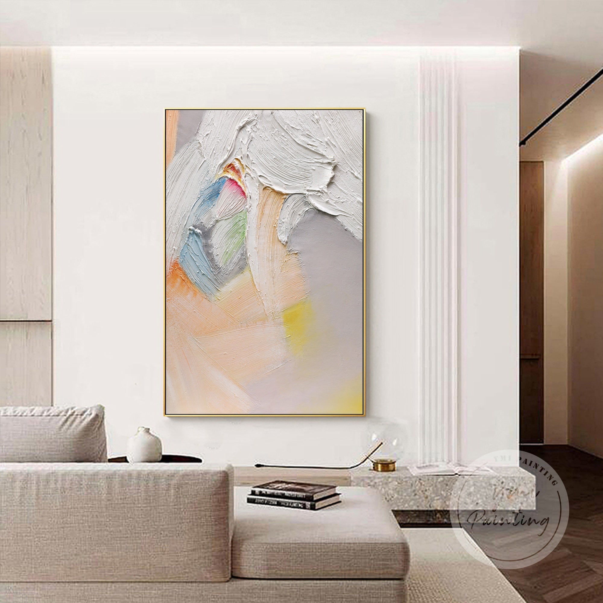 Abstract white oil painting with colorful brushstrokes