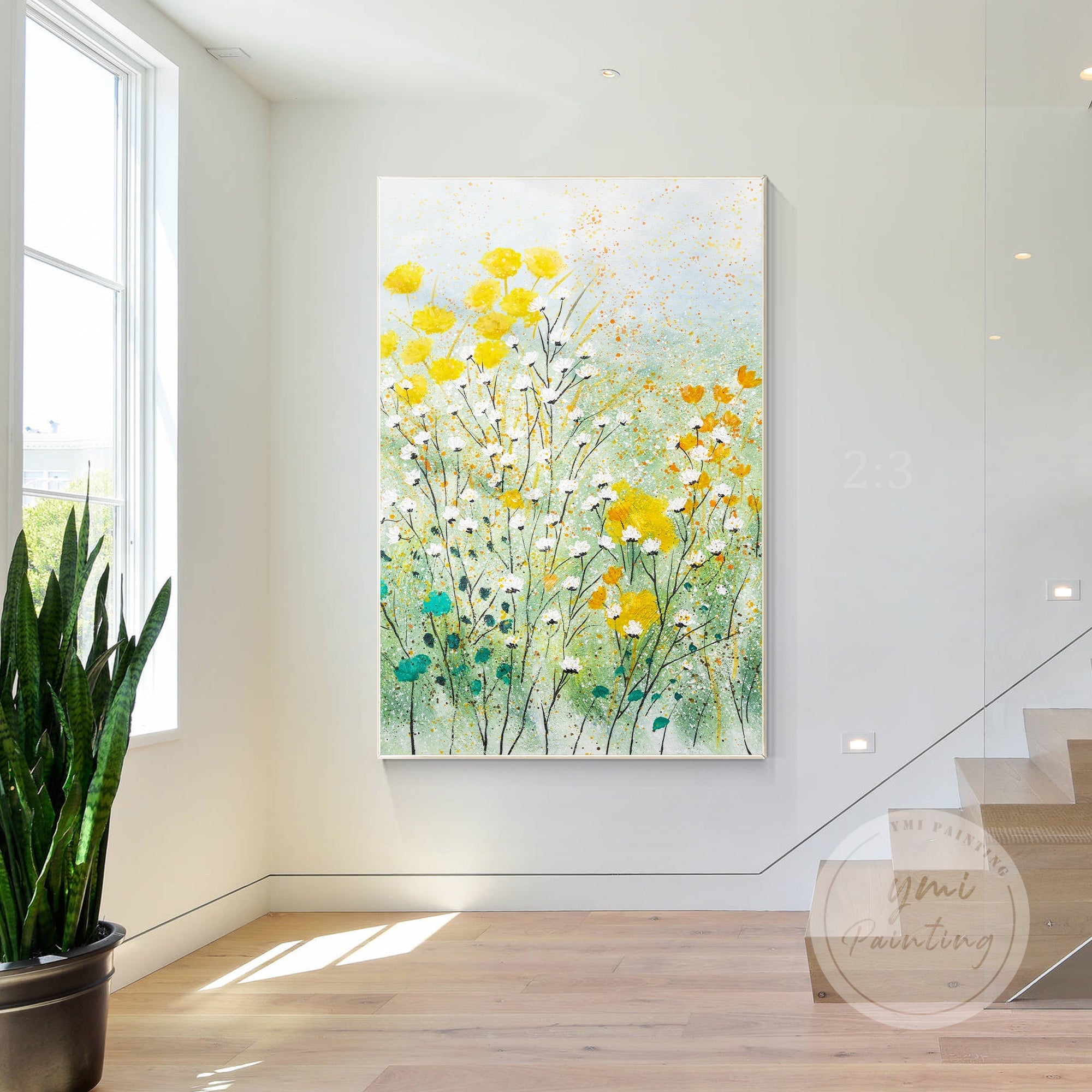 Delicate yellow and white wildflowers with soft pastel hues, perfect for adding a tranquil touch to a contemporary living room.