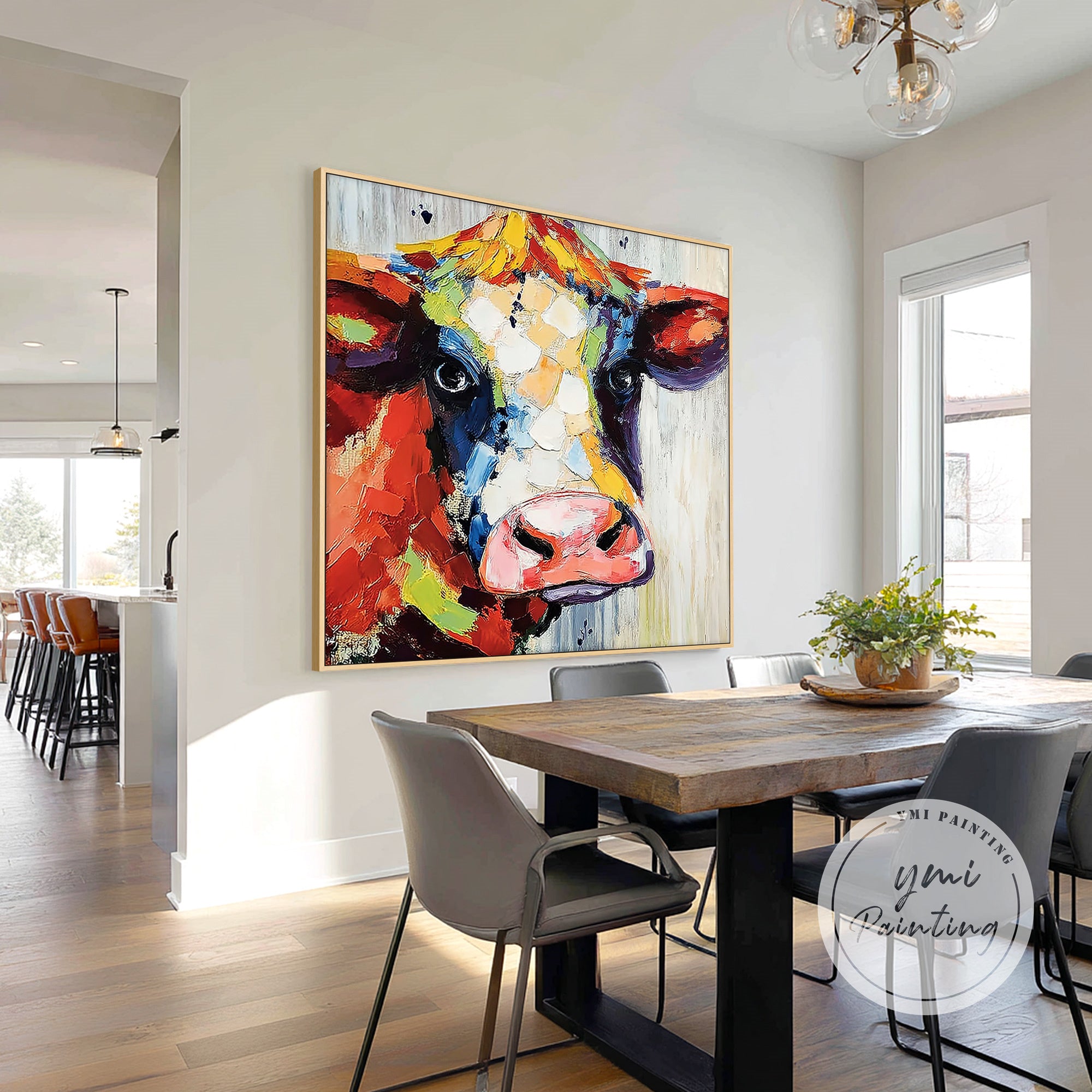 Large colorful cow portrait wall art displayed in a minimalist living room.