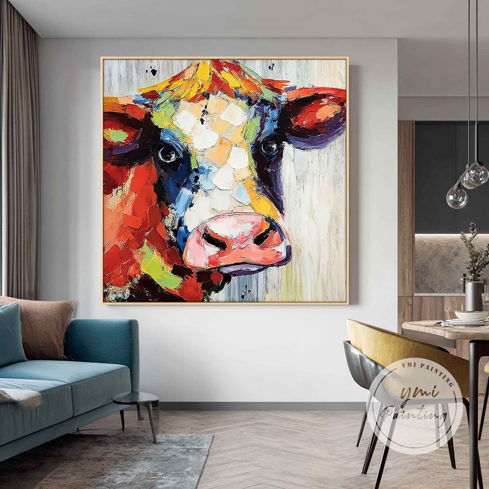 Abstract cow painting used as statement wall decor in a modern dining room.