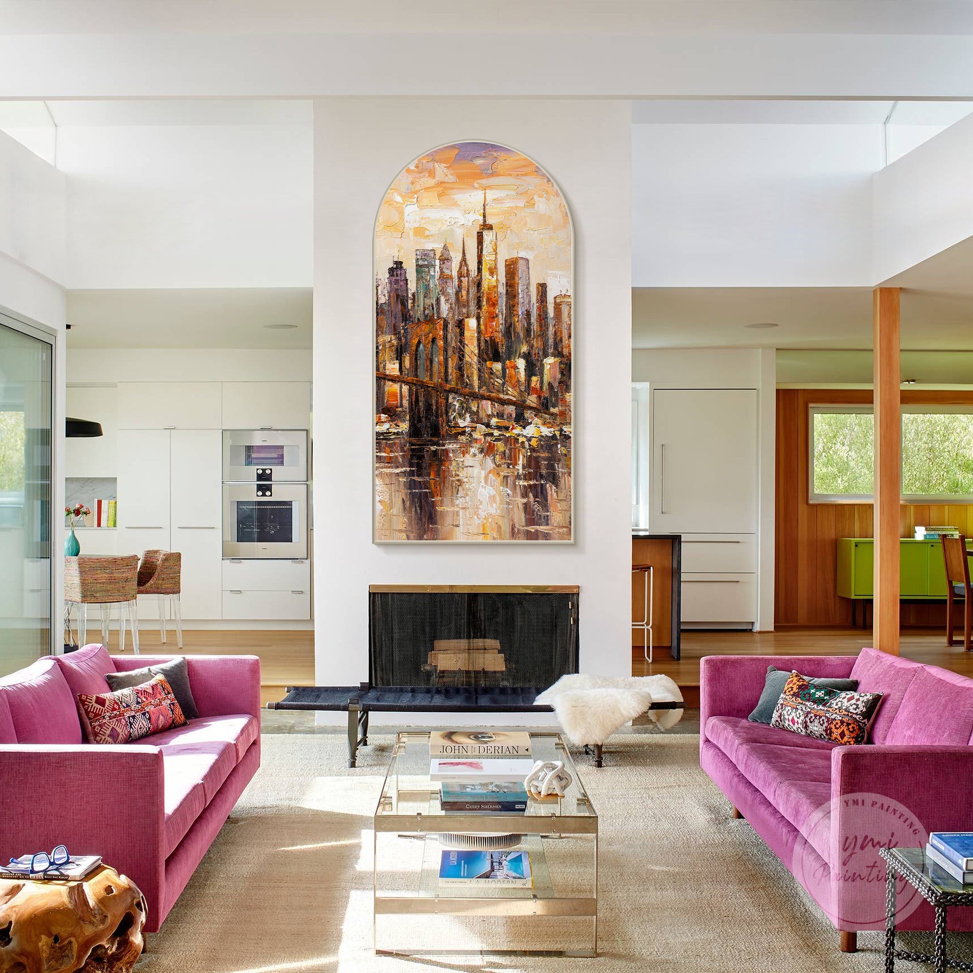 Arched framed New York cityscape art, featuring the Brooklyn Bridge in vibrant colors and expressive textures.